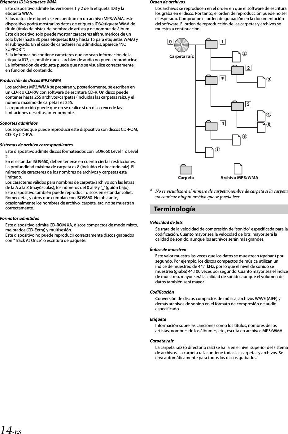 14-ESEtiquetas ID3/etiquetas WMAEste dispositivo admite las versiones 1 y 2 de la etiqueta ID3 y la etiqueta WMA.Si los datos de etiqueta se encuentran en un archivo MP3/WMA, este dispositivo podrá mostrar los datos de etiqueta ID3/etiqueta WMA de título (título de pista), de nombre de artista y de nombre de álbum.Este dispositivo solo puede mostrar caracteres alfanuméricos de un solo byte (hasta 30 para etiquetas ID3 y hasta 15 para etiquetas WMA) y el subrayado. En el caso de caracteres no admitidos, aparece “NO SUPPORT”.Si la información contiene caracteres que no sean información de la etiqueta ID3, es posible que el archivo de audio no pueda reproducirse.La información de etiqueta puede que no se visualice correctamente, en función del contenido.Producción de discos MP3/WMALos archivos MP3/WMA se preparan y, posteriormente, se escriben en un CD-R o CD-RW con software de escritura CD-R. Un disco puede contener hasta 255 archivos/carpetas (incluidas las carpetas raíz), y el número máximo de carpetas es 255.La reproducción puede que no se realice si un disco excede las limitaciones descritas anteriormente.Soportes admitidosLos soportes que puede reproducir este dispositivo son discos CD-ROM, CD-R y CD-RW.Sistemas de archivo correspondientesEste dispositivo admite discos formateados con ISO9660 Level 1 o Level 2.En el estándar ISO9660, deben tenerse en cuenta ciertas restricciones.La profundidad máxima de carpeta es 8 (incluido el directorio raíz). El número de caracteres de los nombres de archivos y carpetas está limitado.Los caracteres válidos para nombres de carpeta/archivo son las letras de la A a la Z (mayúsculas), los números del 0 al 9 y ‘_’ (guión bajo).Este dispositivo también puede reproducir discos en estándar Joliet, Romeo, etc., y otros que cumplan con ISO9660. No obstante, ocasionalmente los nombres de archivo, carpeta, etc. no se muestran correctamente.Formatos admitidosEste dispositivo admite CD-ROM XA, discos compactos de modo mixto, mejorados (CD-Extra) y multisesión.Este dispositivo no puede reproducir correctamente discos grabados con “Track At Once” o escritura de paquete.Orden de archivosLos archivos se reproducen en el orden en que el software de escritura los graba en el disco. Por tanto, el orden de reproducción puede no ser el esperado. Compruebe el orden de grabación en la documentación del software. El orden de reproducción de las carpetas y archivos se muestra a continuación.*No se visualizará el número de carpeta/nombre de carpeta si la carpeta no contiene ningún archivo que se pueda leer.Velocidad de bitsSe trata de la velocidad de compresión de “sonido” especificada para la codificación. Cuanto mayor sea la velocidad de bits, mayor será la calidad de sonido, aunque los archivos serán más grandes.Índice de muestreoEste valor muestra las veces que los datos se muestrean (graban) por segundo. Por ejemplo, los discos compactos de música utilizan un índice de muestreo de 44,1 kHz, por lo que el nivel de sonido se muestrea (graba) 44.100 veces por segundo. Cuanto mayor sea el índice de muestreo, mayor será la calidad de sonido, aunque el volumen de datos también será mayor.CodificaciónConversión de discos compactos de música, archivos WAVE (AIFF) y demás archivos de sonido en el formato de compresión de audio especificado.EtiquetaInformación sobre las canciones como los títulos, nombres de los artistas, nombres de los álbumes, etc., escrita en archivos MP3/WMA.Carpeta raízLa carpeta raíz (o directorio raíz) se halla en el nivel superior del sistema de archivos. La carpeta raíz contiene todas las carpetas y archivos. Se crea automáticamente para todos los discos grabados.TerminologíaCarpeta raízCarpeta Archivo MP3/WMA