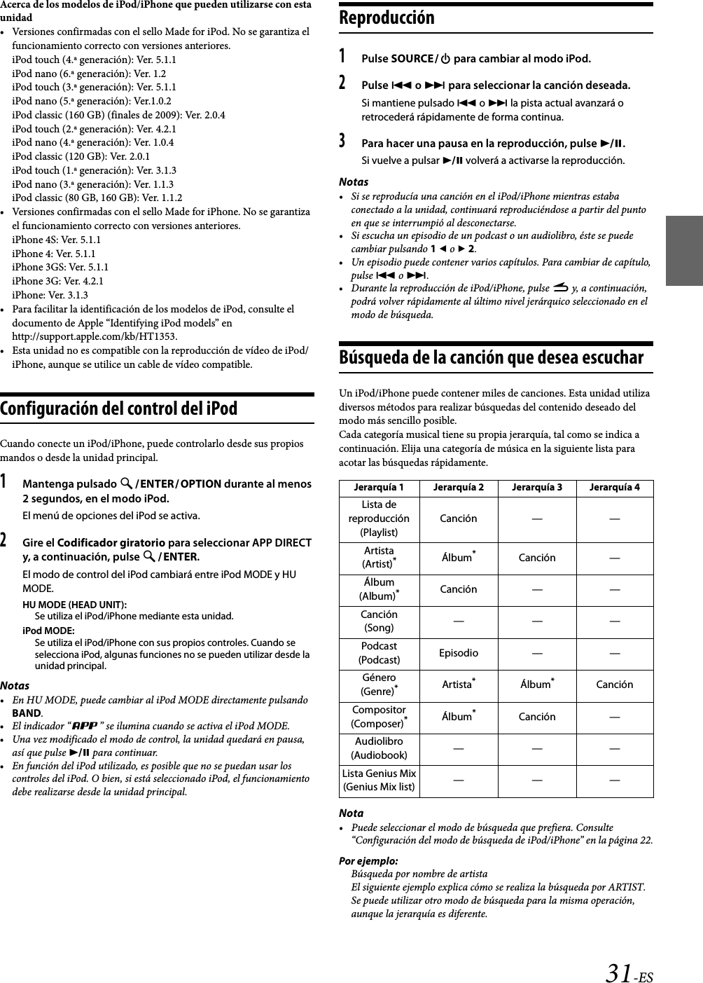 31-ESAcerca de los modelos de iPod/iPhone que pueden utilizarse con esta unidad• Versiones confirmadas con el sello Made for iPod. No se garantiza el funcionamiento correcto con versiones anteriores.iPod touch (4.ª generación): Ver. 5.1.1iPod nano (6.ª generación): Ver. 1.2iPod touch (3.ª generación): Ver. 5.1.1iPod nano (5.ª generación): Ver.1.0.2iPod classic (160 GB) (finales de 2009): Ver. 2.0.4iPod touch (2.ª generación): Ver. 4.2.1iPod nano (4.ª generación): Ver. 1.0.4iPod classic (120 GB): Ver. 2.0.1iPod touch (1.ª generación): Ver. 3.1.3iPod nano (3.ª generación): Ver. 1.1.3iPod classic (80 GB, 160 GB): Ver. 1.1.2• Versiones confirmadas con el sello Made for iPhone. No se garantiza el funcionamiento correcto con versiones anteriores.iPhone 4S: Ver. 5.1.1iPhone 4: Ver. 5.1.1iPhone 3GS: Ver. 5.1.1iPhone 3G: Ver. 4.2.1iPhone: Ver. 3.1.3• Para facilitar la identificación de los modelos de iPod, consulte el documento de Apple “Identifying iPod models” en http://support.apple.com/kb/HT1353.• Esta unidad no es compatible con la reproducción de vídeo de iPod/iPhone, aunque se utilice un cable de vídeo compatible.Configuración del control del iPodCuando conecte un iPod/iPhone, puede controlarlo desde sus propios mandos o desde la unidad principal.1Mantenga pulsado ENTEROPTION durante al menos 2 segundos, en el modo iPod.El menú de opciones del iPod se activa.2Gire el Codificador giratorio para seleccionar APP DIRECT y, a continuación, pulse ENTER.El modo de control del iPod cambiará entre iPod MODE y HU MODE.HU MODE (HEAD UNIT):Se utiliza el iPod/iPhone mediante esta unidad.iPod MODE:Se utiliza el iPod/iPhone con sus propios controles. Cuando se selecciona iPod, algunas funciones no se pueden utilizar desde la unidad principal.Notas• En HU MODE, puede cambiar al iPod MODE directamente pulsando BAND.• El indicador “P” se ilumina cuando se activa el iPod MODE.• Una vez modificado el modo de control, la unidad quedará en pausa, así que pulse  para continuar.• En función del iPod utilizado, es posible que no se puedan usar los controles del iPod. O bien, si está seleccionado iPod, el funcionamiento debe realizarse desde la unidad principal.Reproducción1Pulse SOURCE para cambiar al modo iPod.2Pulse  o  para seleccionar la canción deseada.Si mantiene pulsado  o  la pista actual avanzará o retrocederá rápidamente de forma continua.3Para hacer una pausa en la reproducción, pulse .Si vuelve a pulsar  volverá a activarse la reproducción.Notas• Si se reproducía una canción en el iPod/iPhone mientras estaba conectado a la unidad, continuará reproduciéndose a partir del punto en que se interrumpió al desconectarse.• Si escucha un episodio de un podcast o un audiolibro, éste se puede cambiar pulsando 1  o  2.• Un episodio puede contener varios capítulos. Para cambiar de capítulo, pulse  o .• Durante la reproducción de iPod/iPhone, pulse r y, a continuación, podrá volver rápidamente al último nivel jerárquico seleccionado en el modo de búsqueda.Búsqueda de la canción que desea escucharUn iPod/iPhone puede contener miles de canciones. Esta unidad utiliza diversos métodos para realizar búsquedas del contenido deseado del modo más sencillo posible.Cada categoría musical tiene su propia jerarquía, tal como se indica a continuación. Elija una categoría de música en la siguiente lista para acotar las búsquedas rápidamente.Nota• Puede seleccionar el modo de búsqueda que prefiera. Consulte “Configuración del modo de búsqueda de iPod/iPhone” en la página 22.Por ejemplo:Búsqueda por nombre de artistaEl siguiente ejemplo explica cómo se realiza la búsqueda por ARTIST. Se puede utilizar otro modo de búsqueda para la misma operación, aunque la jerarquía es diferente.Jerarquía 1 Jerarquía 2 Jerarquía 3 Jerarquía 4Lista de reproducción (Playlist)Canción — —Artista (Artist)*Álbum*Canción —Álbum (Album)*Canción — —Canción (Song) ———Podcast (Podcast) Episodio — —Género (Genre)*Artista*Álbum*CanciónCompositor (Composer)*Álbum*Canción —Audiolibro (Audiobook) ———Lista Genius Mix(Genius Mix list) ———
