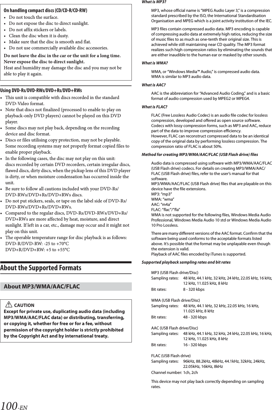 100-ENUsing DVD-Rs/DVD-RWs/DVD+Rs/DVD+RWs&bull; This unit is compatible with discs recorded in the standard DVD-Video format.&bull; Note that discs not finalized (processed to enable to play on playback-only DVD players) cannot be played on this DVD player.&bull; Some discs may not play back, depending on the recording device and disc format.&bull; Discs or files utilising copy protection, may not be playable. Some recording systems may not properly format copied files to enable proper playback.&bull; In the following cases, the disc may not play on this unit: discs recorded by certain DVD recorders, certain irregular discs, flawed discs, dirty discs, when the pickup lens of this DVD player is dirty, or when moisture condensation has occurred inside the unit.&bull; Be sure to follow all cautions included with your DVD-Rs/DVD-RWs/DVD+Rs/DVD+RWs discs.&bull; Do not put stickers, seals, or tape on the label side of DVD-Rs/DVD-RWs/DVD+Rs/DVD+RWs.&bull; Compared to the regular discs, DVD-Rs/DVD-RWs/DVD+Rs/DVD+RWs are more affected by heat, moisture, and direct sunlight. If left in a car, etc., damage may occur and it might not play on this unit.&bull; The operable temperature range for disc playback is as follows:DVD-R/DVD-RW: 25 to +70&deg;CDVD+R/DVD+RW: +5 to +55&deg;CAbout the Supported Formats What is MP3?MP3, whose official name is &ldquo;MPEG Audio Layer 3,&rdquo; is a compression standard prescribed by the ISO, the International Standardisation Organisation and MPEG which is a joint activity institution of the IEC.MP3 files contain compressed audio data. MP3 encoding is capable of compressing audio data at extremely high ratios, reducing the size of music files to as much as one-tenth their original size. This is achieved while still maintaining near CD quality. The MP3 format realizes such high compression ratios by eliminating the sounds that are either inaudible to the human ear or masked by other sounds.What is WMA?WMA, or &ldquo;Windows Media&trade; Audio,&rdquo; is compressed audio data.WMA is similar to MP3 audio data.What is AAC?AAC is the abbreviation for &ldquo;Advanced Audio Coding,&rdquo; and is a basic format of audio compression used by MPEG2 or MPEG4.What is FLAC?FLAC (Free Lossless Audio Codec) is an audio file codec for lossless compression, developed and offered as open source software. Codecs with lossy compression forms, such as MP3 and AAC, reduce part of the data to improve compression efficiency. However, FLAC can reconstruct compressed data to be an identical copy of the original data by performing lossless compression. The compression ratio of FLAC is about 50%.Method for creating MP3/WMA/AAC/FLAC (USB Flash drive) filesAudio data is compressed using software with MP3/WMA/AAC/FLAC (USB Flash drive) codecs. For details on creating MP3/WMA/AAC/FLAC (USB Flash drive) files, refer to the user&rsquo;s manual for that software.MP3/WMA/AAC/FLAC (USB Flash drive) files that are playable on this device have the file extensions.MP3: &ldquo;mp3&rdquo;WMA: &ldquo;wma&rdquo;AAC: &ldquo;m4a&rdquo;FLAC: &rdquo;flac&rdquo;/&rdquo;fla&rdquo;WMA is not supported for the following files, Windows Media Audio Professional, Windows Media Audio 10 std or Windows Media Audio 10 Pro Lossless.There are many different versions of the AAC format. Confirm that the software being used conforms to the acceptable formats listed above. It&rsquo;s possible that the format may be unplayable even though the extension is valid. Playback of AAC files encoded by iTunes is supported.Supported playback sampling rates and bit ratesMP3 (USB Flash drive/Disc)WMA (USB Flash drive/Disc)AAC (USB Flash drive/Disc)FLAC (USB Flash drive)This device may not play back correctly depending on sampling rates.On handling compact discs (CD/CD-R/CD-RW)&bull; Do not touch the surface.&bull; Do not expose the disc to direct sunlight.&bull;Do not affix stickers or labels.&bull; Clean the disc when it is dusty.&bull; Make sure that the disc is smooth and flat.&bull; Do not use commercially available disc accessories.Do not leave the disc in the car or the unit for a long time. Never expose the disc to direct sunlight.Heat and humidity may damage the disc and you may not be able to play it again.About MP3/WMA/AAC/FLACCAUTIONExcept for private use, duplicating audio data (including MP3/WMA/AAC/FLAC data) or distributing, transferring, or copying it, whether for free or for a fee, without permission of the copyright holder is strictly prohibited by the Copyright Act and by international treaty.Sampling rates: 48 kHz, 44.1 kHz, 32 kHz, 24 kHz, 22.05 kHz, 16 kHz, 12 kHz, 11.025 kHz, 8 kHzBit rates: 8 - 320 kbpsSampling rates: 48 kHz, 44.1 kHz, 32 kHz, 22.05 kHz, 16 kHz, 11.025 kHz, 8 kHzBit rates: 48 - 320 kbpsSampling rates: 48 kHz, 44.1 kHz, 32 kHz, 24 kHz, 22.05 kHz, 16 kHz, 12 kHz, 11.025 kHz, 8 kHzBit rates: 16 - 320 kbpsSampling rates: 96kHz, 88.2kHz, 48kHz, 44.1kHz, 32kHz, 24kHz, 22.05kHz, 16kHz, 8kHzChannel number: 1ch, 2ch