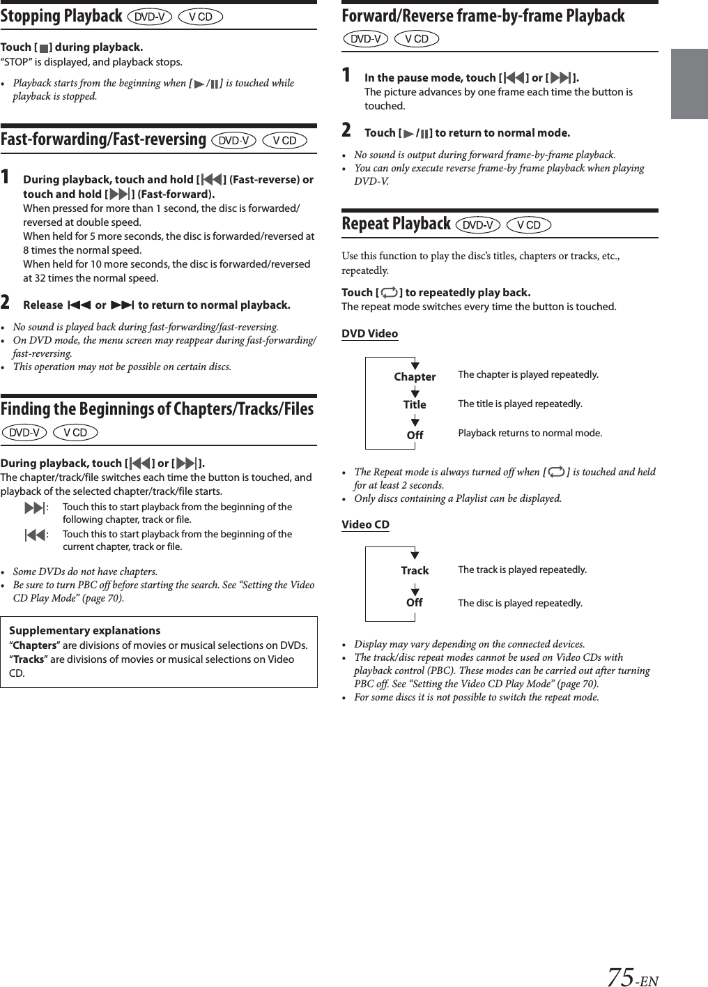 75-ENStopping Playback   Tou ch [] during playback.&ldquo;STOP&rdquo; is displayed, and playback stops.&bull; Playback starts from the beginning when [/] is touched while playback is stopped.Fast-forwarding/Fast-reversing  1During playback, touch and hold [] (Fast-reverse) or touch and hold [] (Fast-forward).When pressed for more than 1 second, the disc is forwarded/reversed at double speed.When held for 5 more seconds, the disc is forwarded/reversed at 8 times the normal speed.When held for 10 more seconds, the disc is forwarded/reversed at 32 times the normal speed.2Release   or   to return to normal playback.&bull; No sound is played back during fast-forwarding/fast-reversing.&bull; On DVD mode, the menu screen may reappear during fast-forwarding/fast-reversing.&bull; This operation may not be possible on certain discs.Finding the Beginnings of Chapters/Tracks/Files  During playback, touch [] or [].The chapter/track/file switches each time the button is touched, and playback of the selected chapter/track/file starts.&bull; Some DVDs do not have chapters.&bull; Be sure to turn PBC off before starting the search. See &ldquo;Setting the Video CD Play Mode&rdquo; (page 70).Forward/Reverse frame-by-frame Playback  1In the pause mode, touch [] or [].The picture advances by one frame each time the button is touched.2Tou ch [/] to return to normal mode.&bull; No sound is output during forward frame-by-frame playback.&bull; You can only execute reverse frame-by frame playback when playing DVD-V.Repeat Playback   Use this function to play the disc&rsquo;s titles, chapters or tracks, etc., repeatedly.Tou ch [] to repeatedly play back.The repeat mode switches every time the button is touched.DVD Video&bull; The Repeat mode is always turned off when [] is touched and held for at least 2 seconds.&bull; Only discs containing a Playlist can be displayed.Video CD&bull; Display may vary depending on the connected devices.&bull; The track/disc repeat modes cannot be used on Video CDs with playback control (PBC). These modes can be carried out after turning PBC off. See &ldquo;Setting the Video CD Play Mode&rdquo; (page 70).&bull; For some discs it is not possible to switch the repeat mode.: Touch this to start playback from the beginning of the following chapter, track or file.: Touch this to start playback from the beginning of the current chapter, track or file.Supplementary explanations&ldquo;Chapters&rdquo; are divisions of movies or musical selections on DVDs.&ldquo;Tracks&rdquo; are divisions of movies or musical selections on Video CD.The chapter is played repeatedly.The title is played repeatedly.Playback returns to normal mode.ChapterTitleOffThe track is played repeatedly.TrackThe disc is played repeatedly.Off