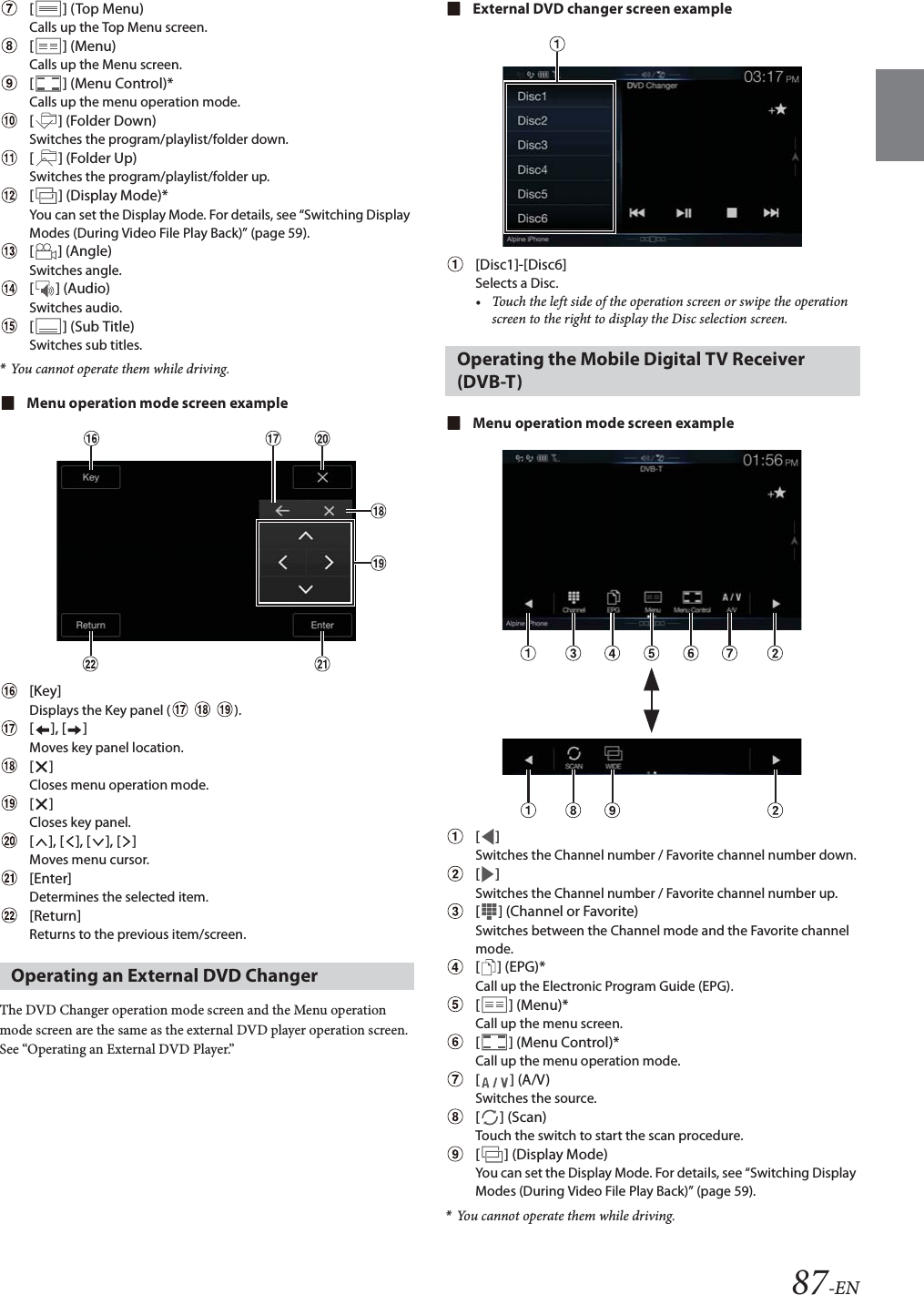 87-EN[] (Top Menu)Calls up the Top Menu screen.[] (Menu)Calls up the Menu screen.[] (Menu Control)*Calls up the menu operation mode.[] (Folder Down)Switches the program/playlist/folder down.[] (Folder Up)Switches the program/playlist/folder up.[ ] (Display Mode)*You can set the Display Mode. For details, see &ldquo;Switching Display Modes (During Video File Play Back)&rdquo; (page 59).[] (Angle)Switches angle.[] (Audio)Switches audio.[] (Sub Title)Switches sub titles.*You cannot operate them while driving.Menu operation mode screen example[Key]Displays the Key panel (     ).[], []Moves key panel location.[]Closes menu operation mode.[]Closes key panel.[ ], [ ], [ ], [ ]Moves menu cursor.[Enter]Determines the selected item.[Return]Returns to the previous item/screen.The DVD Changer operation mode screen and the Menu operation mode screen are the same as the external DVD player operation screen. See &ldquo;Operating an External DVD Player.&rdquo;External DVD changer screen example[Disc1]-[Disc6]Selects a Disc.&bull; Touch the left side of the operation screen or swipe the operation screen to the right to display the Disc selection screen.Menu operation mode screen example[]Switches the Channel number / Favorite channel number down.[]Switches the Channel number / Favorite channel number up.[ ] (Channel or Favorite)Switches between the Channel mode and the Favorite channel mode.[ ] (EPG)*Call up the Electronic Program Guide (EPG). [] (Menu)*Call up the menu screen.[] (Menu Control)*Call up the menu operation mode.[] (A/V)Switches the source.[] (Scan)Touch the switch to start the scan procedure.[] (Display Mode)You can set the Display Mode. For details, see &ldquo;Switching Display Modes (During Video File Play Back)&rdquo; (page 59).*You cannot operate them while driving.Operating an External DVD ChangerOperating the Mobile Digital TV Receiver (DVB-T)