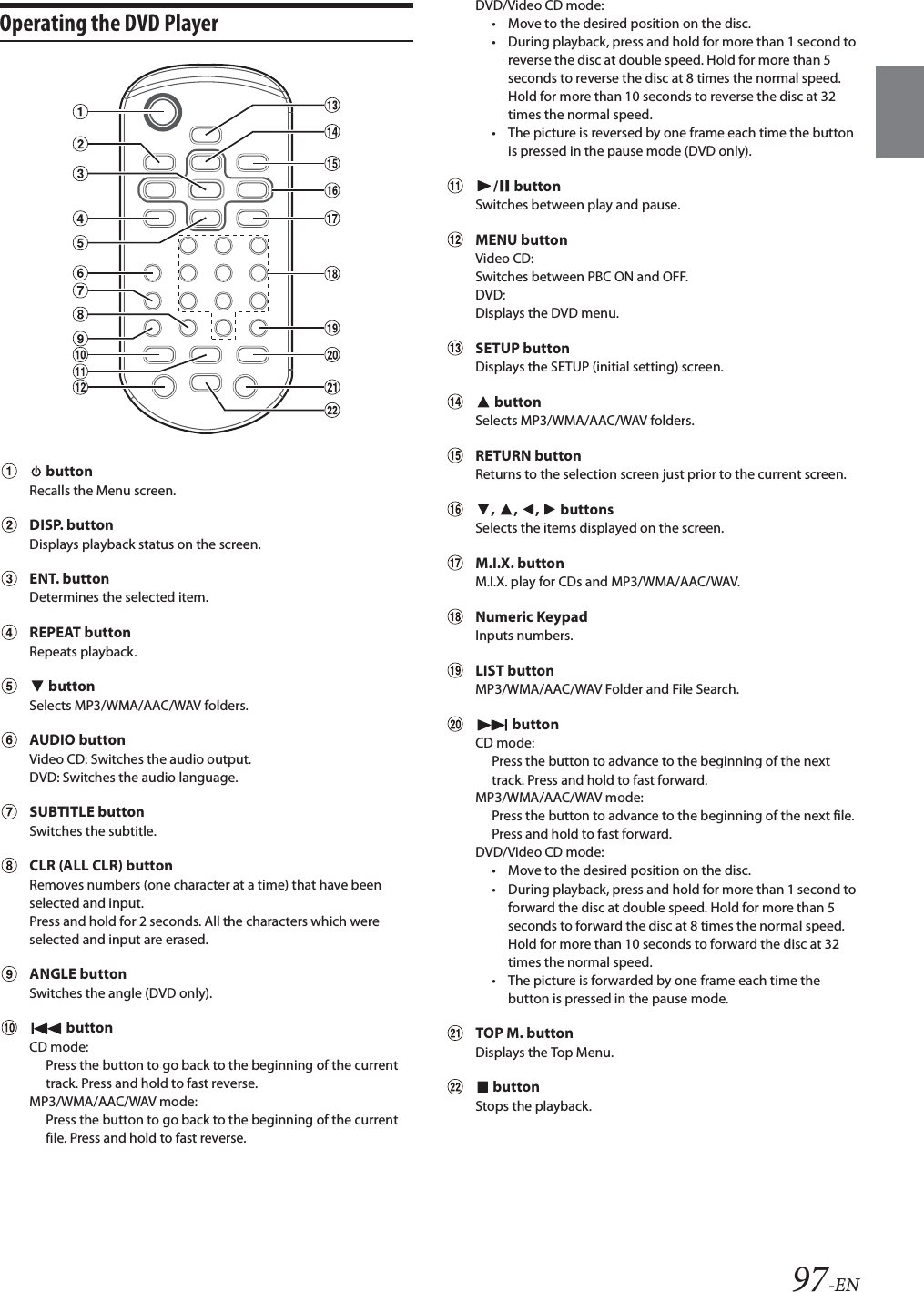 97-ENOperating the DVD Player  buttonRecalls the Menu screen.DISP. buttonDisplays playback status on the screen.ENT. buttonDetermines the selected item.REPEAT buttonRepeats playback. buttonSelects MP3/WMA/AAC/WAV folders.AUDIO buttonVideo CD: Switches the audio output.DVD: Switches the audio language.SUBTITLE buttonSwitches the subtitle.CLR (ALL CLR) buttonRemoves numbers (one character at a time) that have been selected and input.Press and hold for 2 seconds. All the characters which were selected and input are erased.ANGLE buttonSwitches the angle (DVD only). buttonCD mode:Press the button to go back to the beginning of the current track. Press and hold to fast reverse.MP3/WMA/AAC/WAV mode:Press the button to go back to the beginning of the current file. Press and hold to fast reverse.DVD/Video CD mode:&bull; Move to the desired position on the disc.&bull; During playback, press and hold for more than 1 second to reverse the disc at double speed. Hold for more than 5 seconds to reverse the disc at 8 times the normal speed. Hold for more than 10 seconds to reverse the disc at 32 times the normal speed.&bull; The picture is reversed by one frame each time the button is pressed in the pause mode (DVD only)./  buttonSwitches between play and pause.MENU buttonVideo CD: Switches between PBC ON and OFF.DVD: Displays the DVD menu.SETUP buttonDisplays the SETUP (initial setting) screen. buttonSelects MP3/WMA/AAC/WAV folders.RETURN buttonReturns to the selection screen just prior to the current screen., , ,  buttonsSelects the items displayed on the screen.M.I.X. buttonM.I.X. play for CDs and MP3/WMA/AAC/WAV.Numeric KeypadInputs numbers.LIST buttonMP3/WMA/AAC/WAV Folder and File Search. buttonCD mode:Press the button to advance to the beginning of the next track. Press and hold to fast forward.MP3/WMA/AAC/WAV mode:Press the button to advance to the beginning of the next file. Press and hold to fast forward.DVD/Video CD mode:&bull; Move to the desired position on the disc.&bull; During playback, press and hold for more than 1 second to forward the disc at double speed. Hold for more than 5 seconds to forward the disc at 8 times the normal speed. Hold for more than 10 seconds to forward the disc at 32 times the normal speed.&bull; The picture is forwarded by one frame each time the button is pressed in the pause mode.TOP M. buttonDisplays the Top Menu. buttonStops the playback.