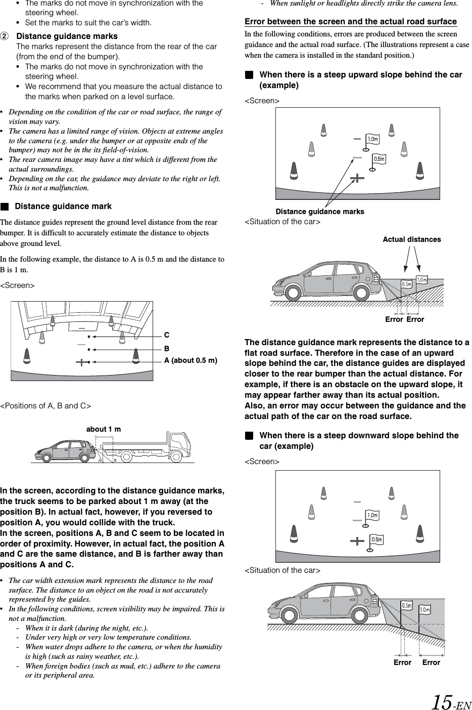 15-EN&bull;The marks do not move in synchronization with the steering wheel.&bull;Set the marks to suit the car&rsquo;s width.2Distance guidance marksThe marks represent the distance from the rear of the car (from the end of the bumper).&bull;The marks do not move in synchronization with the steering wheel.&bull;We recommend that you measure the actual distance to the marks when parked on a level surface.&bull;Depending on the condition of the car or road surface, the range of vision may vary.&bull;The camera has a limited range of vision. Objects at extreme angles to the camera (e.g. under the bumper or at opposite ends of the bumper) may not be in the its field-of-vision.&bull;The rear camera image may have a tint which is different from the actual surroundings.&bull;Depending on the car, the guidance may deviate to the right or left. This is not a malfunction.Distance guidance markThe distance guides represent the ground level distance from the rear bumper. It is difficult to accurately estimate the distance to objects above ground level.In the following example, the distance to A is 0.5 m and the distance to B is 1 m.<Screen><Positions of A, B and C>In the screen, according to the distance guidance marks, the truck seems to be parked about 1 m away (at the position B). In actual fact, however, if you reversed to position A, you would collide with the truck.In the screen, positions A, B and C seem to be located in order of proximity. However, in actual fact, the position A and C are the same distance, and B is farther away than positions A and C.&bull;The car width extension mark represents the distance to the road surface. The distance to an object on the road is not accurately represented by the guides.&bull;In the following conditions, screen visibility may be impaired. This is not a malfunction.-When it is dark (during the night, etc.).-Under very high or very low temperature conditions.-When water drops adhere to the camera, or when the humidity is high (such as rainy weather, etc.).-When foreign bodies (such as mud, etc.) adhere to the camera or its peripheral area.-When sunlight or headlights directly strike the camera lens.Error between the screen and the actual road surfaceIn the following conditions, errors are produced between the screen guidance and the actual road surface. (The illustrations represent a case when the camera is installed in the standard position.)When there is a steep upward slope behind the car (example)<Screen><Situation of the car>The distance guidance mark represents the distance to a flat road surface. Therefore in the case of an upward slope behind the car, the distance guides are displayed closer to the rear bumper than the actual distance. For example, if there is an obstacle on the upward slope, it may appear farther away than its actual position.Also, an error may occur between the guidance and the actual path of the car on the road surface.When there is a steep downward slope behind the car (example)<Screen><Situation of the car>CBA (about 0.5 m)about 1 mDistance guidance marksActual distancesError ErrorError Error