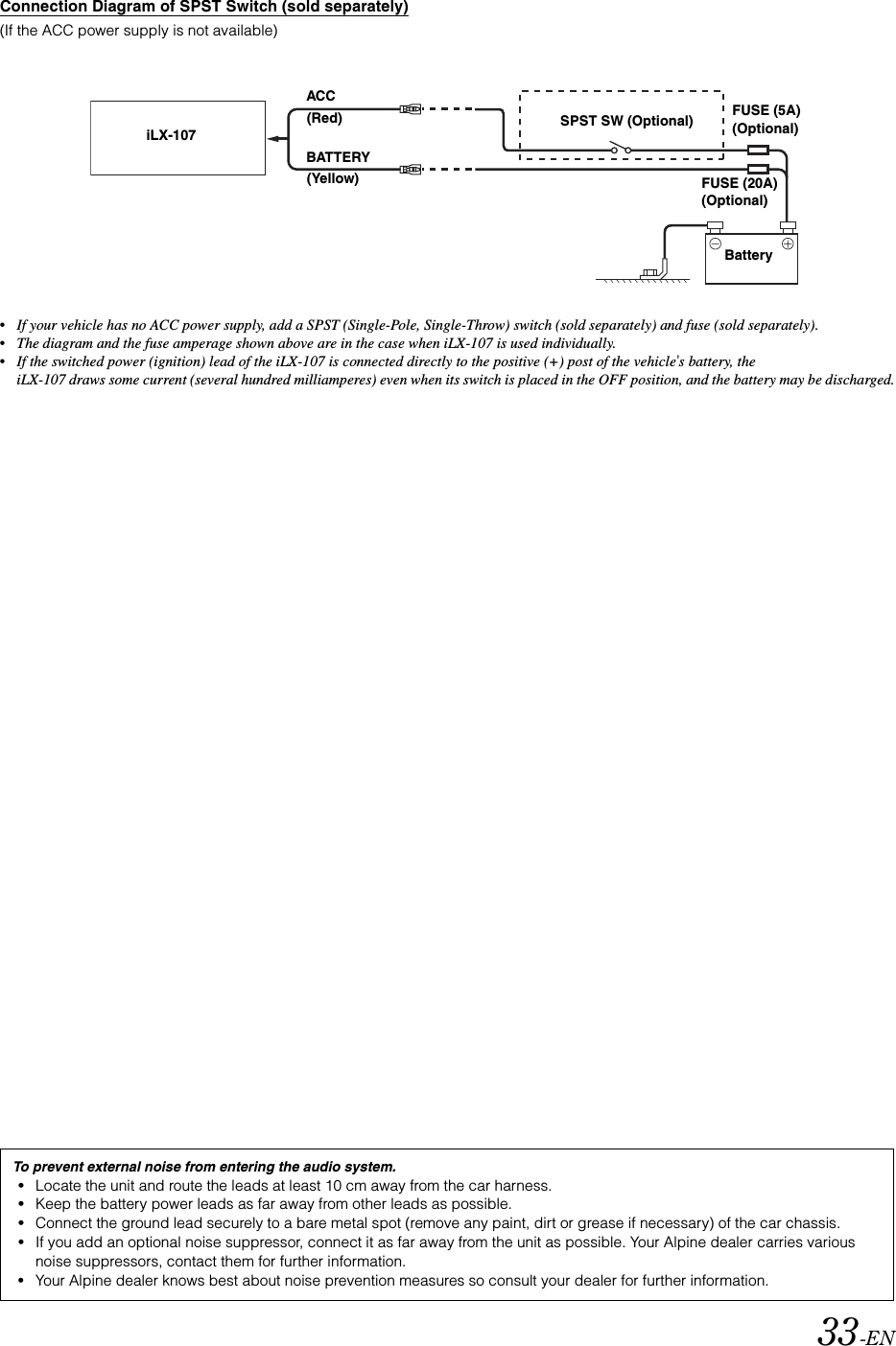 33-ENConnection Diagram of SPST Switch (sold separately)(If the ACC power supply is not available)&bull;If your vehicle has no ACC power supply, add a SPST (Single-Pole, Single-Throw) switch (sold separately) and fuse (sold separately).&bull;The diagram and the fuse amperage shown above are in the case when iLX-107 is used individually.&bull;If the switched power (ignition) lead of the iLX-107 is connected directly to the positive (+) post of the vehicle&rsquo;s battery, the iLX-107 draws some current (several hundred milliamperes) even when its switch is placed in the OFF position, and the battery may be discharged.iLX-107(Red)(Yellow)SPST SW (Optional) FUSE (5A) (Optional)FUSE (20A) (Optional)BatteryACCBATTERYTo prevent external noise from entering the audio system.&bull;Locate the unit and route the leads at least 10 cm away from the car harness.&bull;Keep the battery power leads as far away from other leads as possible.&bull;Connect the ground lead securely to a bare metal spot (remove any paint, dirt or grease if necessary) of the car chassis.&bull;If you add an optional noise suppressor, connect it as far away from the unit as possible. Your Alpine dealer carries various noise suppressors, contact them for further information.&bull;Your Alpine dealer knows best about noise prevention measures so consult your dealer for further information.