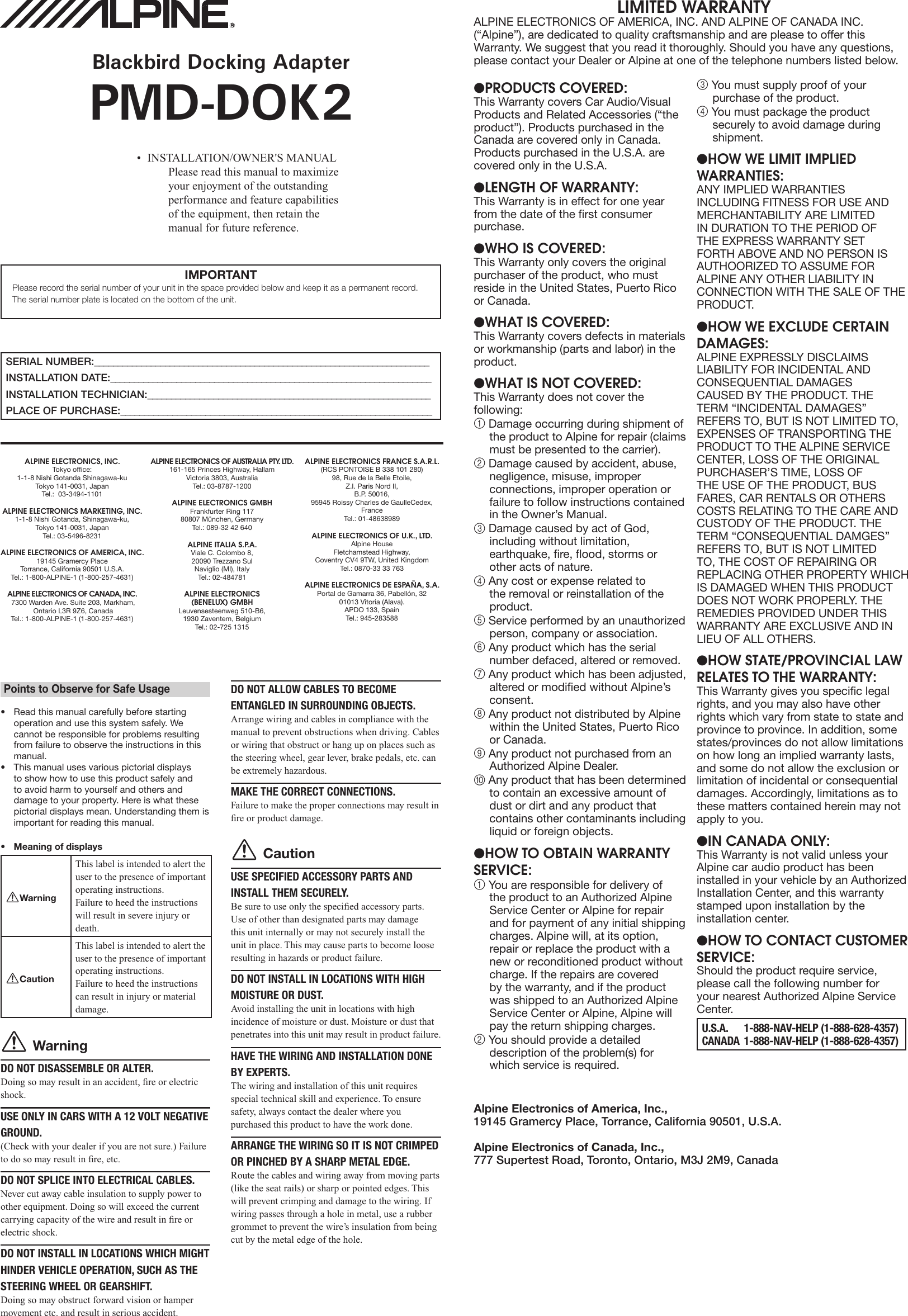 Page 1 of 2 - Alpine Alpine-Pmd-Dok2-Users-Manual- 271788 PMD-DOK2_r6  Alpine-pmd-dok2-users-manual