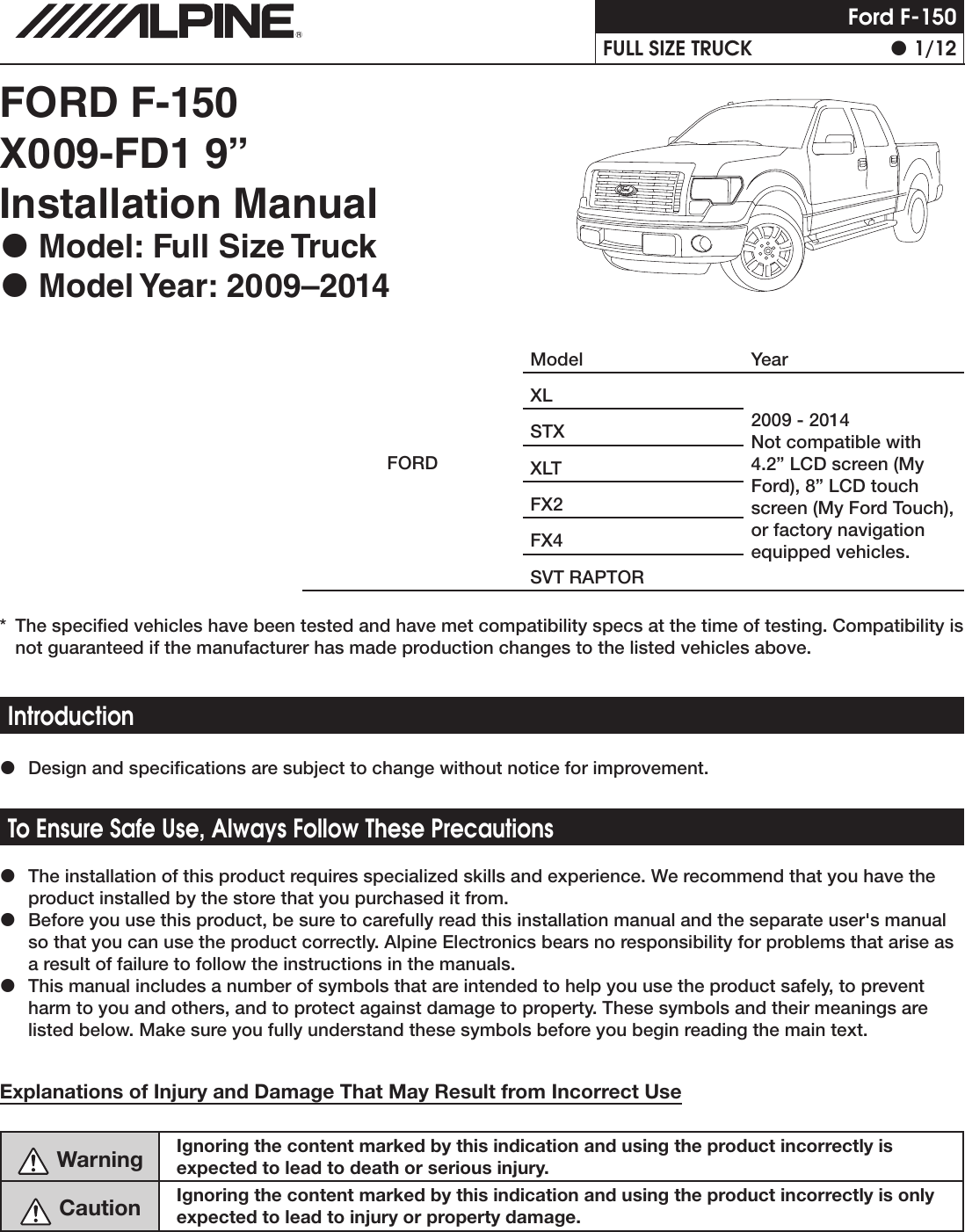 Page 1 of 12 - Alpine Alpine-X009-Fd1-Installation-Manual-  Alpine-x009-fd1-installation-manual