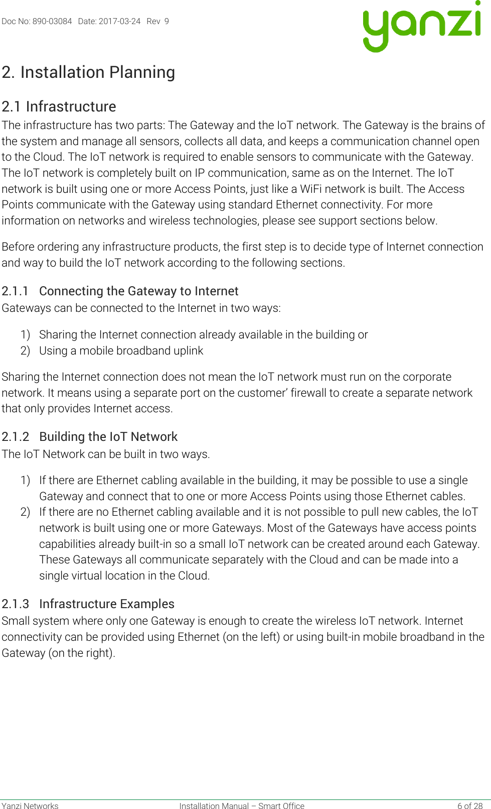 Doc No: 890-03084   Date: 2017-03-24   Rev  9  Yanzi Networks  Installation Manual – Smart Office    6 of 28 2. Installation Planning 2.1 Infrastructure The infrastructure has two parts: The Gateway and the IoT network. The Gateway is the brains of the system and manage all sensors, collects all data, and keeps a communication channel open to the Cloud. The IoT network is required to enable sensors to communicate with the Gateway. The IoT network is completely built on IP communication, same as on the Internet. The IoT network is built using one or more Access Points, just like a WiFi network is built. The Access Points communicate with the Gateway using standard Ethernet connectivity. For more information on networks and wireless technologies, please see support sections below. Before ordering any infrastructure products, the first step is to decide type of Internet connection and way to build the IoT network according to the following sections. 2.1.1 Connecting the Gateway to Internet Gateways can be connected to the Internet in two ways: 1) Sharing the Internet connection already available in the building or 2) Using a mobile broadband uplink Sharing the Internet connection does not mean the IoT network must run on the corporate network. It means using a separate port on the customer’ firewall to create a separate network that only provides Internet access. 2.1.2 Building the IoT Network The IoT Network can be built in two ways. 1) If there are Ethernet cabling available in the building, it may be possible to use a single Gateway and connect that to one or more Access Points using those Ethernet cables. 2) If there are no Ethernet cabling available and it is not possible to pull new cables, the IoT network is built using one or more Gateways. Most of the Gateways have access points capabilities already built-in so a small IoT network can be created around each Gateway. These Gateways all communicate separately with the Cloud and can be made into a single virtual location in the Cloud. 2.1.3 Infrastructure Examples Small system where only one Gateway is enough to create the wireless IoT network. Internet connectivity can be provided using Ethernet (on the left) or using built-in mobile broadband in the Gateway (on the right). 