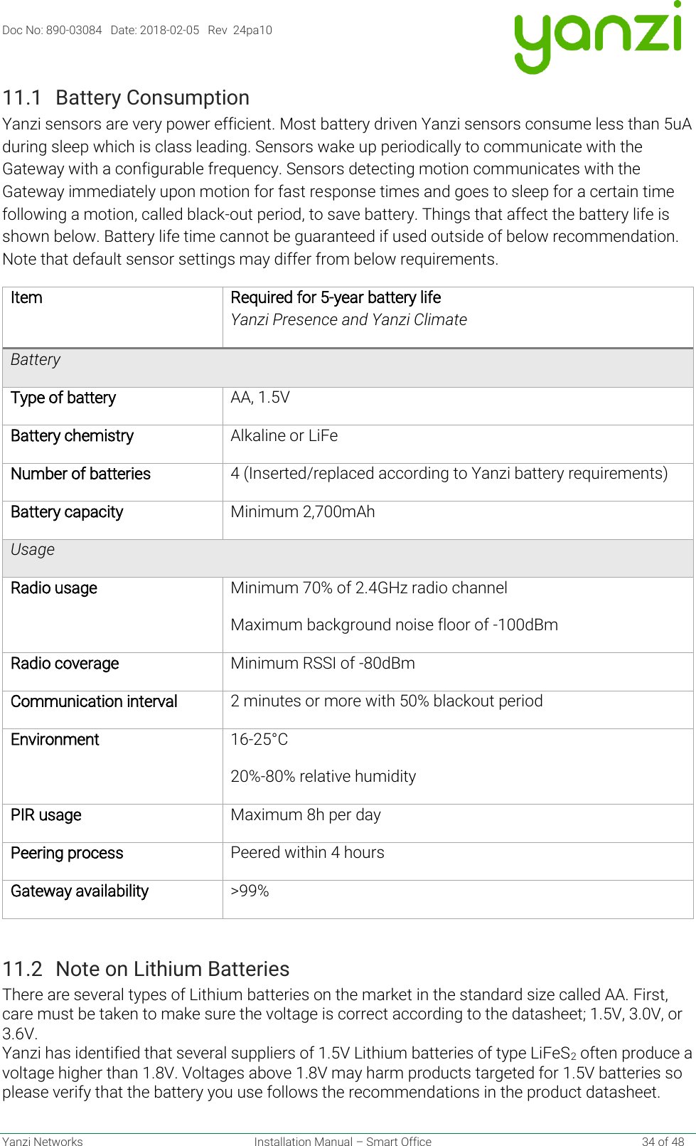 Doc No: 890-03084   Date: 2018-02-05   Rev  24pa10  Yanzi Networks  Installation Manual – Smart Office    34 of 48 11.1 Battery Consumption Yanzi sensors are very power efficient. Most battery driven Yanzi sensors consume less than 5uA during sleep which is class leading. Sensors wake up periodically to communicate with the Gateway with a configurable frequency. Sensors detecting motion communicates with the Gateway immediately upon motion for fast response times and goes to sleep for a certain time following a motion, called black-out period, to save battery. Things that affect the battery life is shown below. Battery life time cannot be guaranteed if used outside of below recommendation. Note that default sensor settings may differ from below requirements. Item Required for 5-year battery life Yanzi Presence and Yanzi Climate Battery Type of battery AA, 1.5V Battery chemistry Alkaline or LiFe Number of batteries 4 (Inserted/replaced according to Yanzi battery requirements) Battery capacity Minimum 2,700mAh Usage Radio usage Minimum 70% of 2.4GHz radio channel Maximum background noise floor of -100dBm Radio coverage Minimum RSSI of -80dBm Communication interval 2 minutes or more with 50% blackout period Environment 16-25°C 20%-80% relative humidity PIR usage Maximum 8h per day Peering process Peered within 4 hours Gateway availability &gt;99%  11.2 Note on Lithium Batteries There are several types of Lithium batteries on the market in the standard size called AA. First, care must be taken to make sure the voltage is correct according to the datasheet; 1.5V, 3.0V, or 3.6V. Yanzi has identified that several suppliers of 1.5V Lithium batteries of type LiFeS2 often produce a voltage higher than 1.8V. Voltages above 1.8V may harm products targeted for 1.5V batteries so please verify that the battery you use follows the recommendations in the product datasheet.   