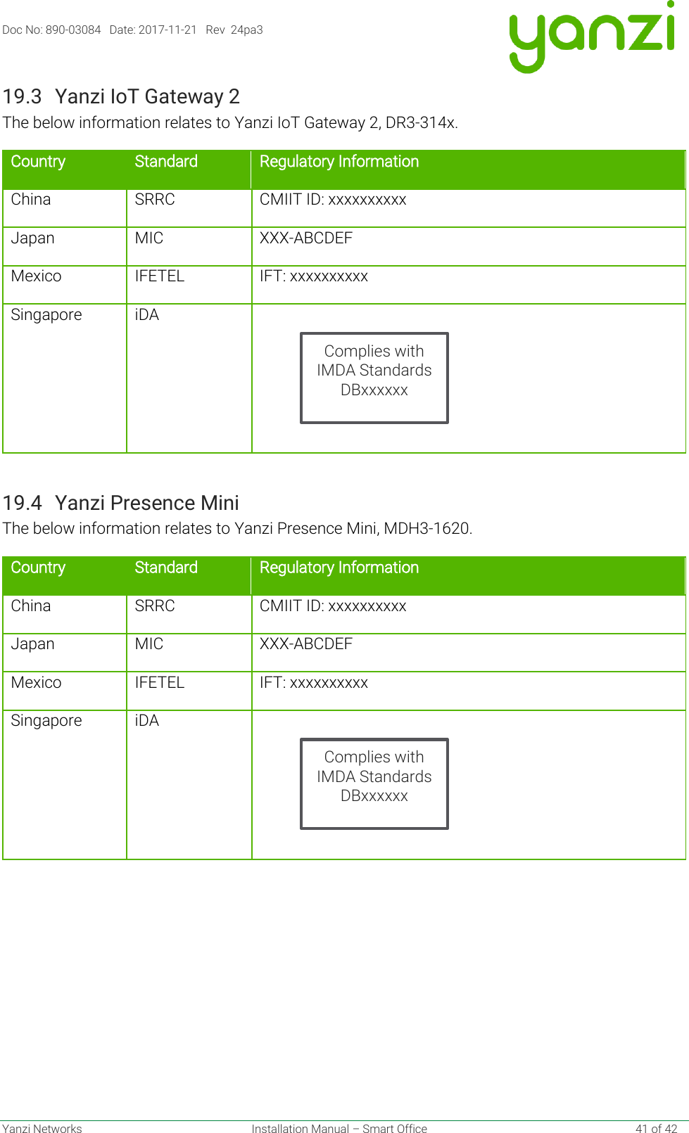 Doc No: 890-03084   Date: 2017-11-21   Rev  24pa3  Yanzi Networks  Installation Manual – Smart Office    41 of 42 19.3 Yanzi IoT Gateway 2 The below information relates to Yanzi IoT Gateway 2, DR3-314x. Country Standard Regulatory Information China SRRC CMIIT ID: xxxxxxxxxx Japan MIC XXX-ABCDEF Mexico IFETEL IFT: xxxxxxxxxx Singapore iDA      19.4 Yanzi Presence Mini The below information relates to Yanzi Presence Mini, MDH3-1620. Country Standard Regulatory Information China SRRC CMIIT ID: xxxxxxxxxx Japan MIC XXX-ABCDEF Mexico IFETEL IFT: xxxxxxxxxx Singapore iDA        Complies with IMDA Standards DBxxxxxx Complies with IMDA Standards DBxxxxxx 