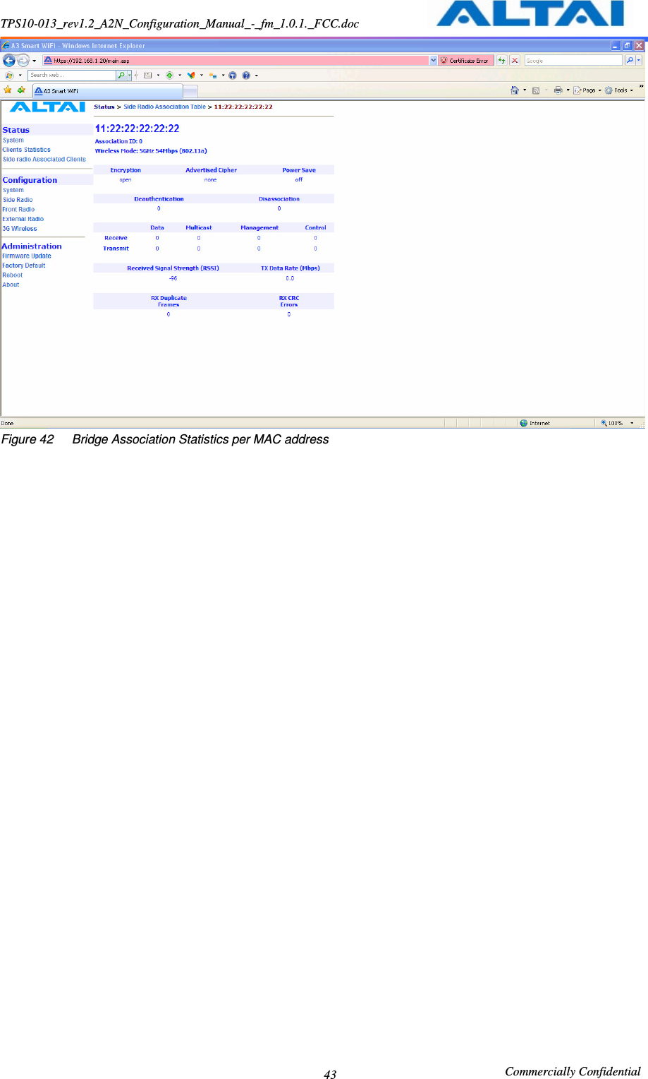 TPS10-013_rev1.2_A2N_Configuration_Manual_-_fm_1.0.1._FCC.doc                                                       Commercially Confidential 43  Figure 42      Bridge Association Statistics per MAC address    