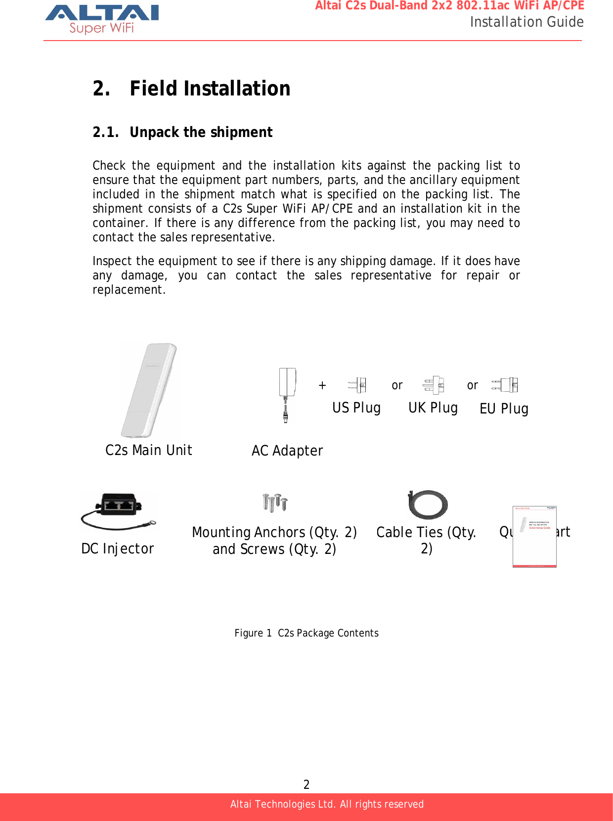  2 Altai C2s Dual-Band 2x2 802.11ac WiFi AP/CPE Installation Guide Altai Technologies Ltd. All rights reserved   2. Field Installation 2.1. Unpack the shipment Check the equipment and the installation kits against the packing list to ensure that the equipment part numbers, parts, and the ancillary equipment included in the shipment match what is specified on the packing list. The shipment consists of a C2s Super WiFi AP/CPE and an installation kit in the container. If there is any difference from the packing list, you may need to contact the sales representative. Inspect the equipment to see if there is any shipping damage. If it does have any damage, you can contact the sales representative for repair or replacement.                        Figure 1  C2s Package Contentsor or EU Plug UK Plug US Plug Cable Ties (Qty. 2) + Mounting Anchors (Qty. 2) and Screws (Qty. 2) DC Injector C2s Main Unit AC Adapter Quick Start Guide 