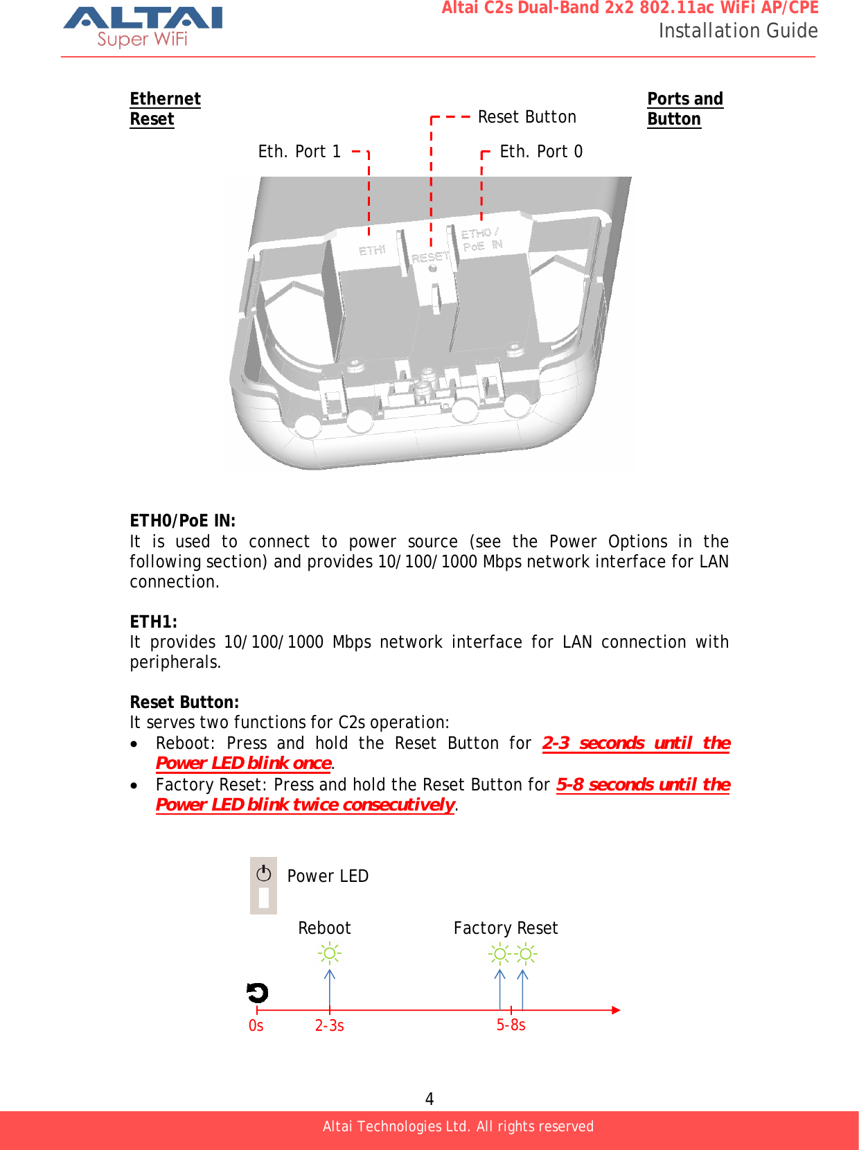  4 Altai C2s Dual-Band 2x2 802.11ac WiFi AP/CPE Installation Guide Altai Technologies Ltd. All rights reserved   Ethernet  Ports and Reset  Button                    ETH0/PoE IN:  It is used to connect to power source (see the Power Options in the following section) and provides 10/100/1000 Mbps network interface for LAN connection.  ETH1: It provides 10/100/1000 Mbps network interface for LAN connection with peripherals.  Reset Button: It serves two functions for C2s operation: • Reboot: Press and hold the Reset Button for 2-3 seconds until the Power LED blink once. • Factory Reset: Press and hold the Reset Button for 5-8 seconds until the Power LED blink twice consecutively.   Reset Button Eth. Port 0 Eth. Port 1 0s 2-3s 5-8s Power LED Reboot Factory Reset 