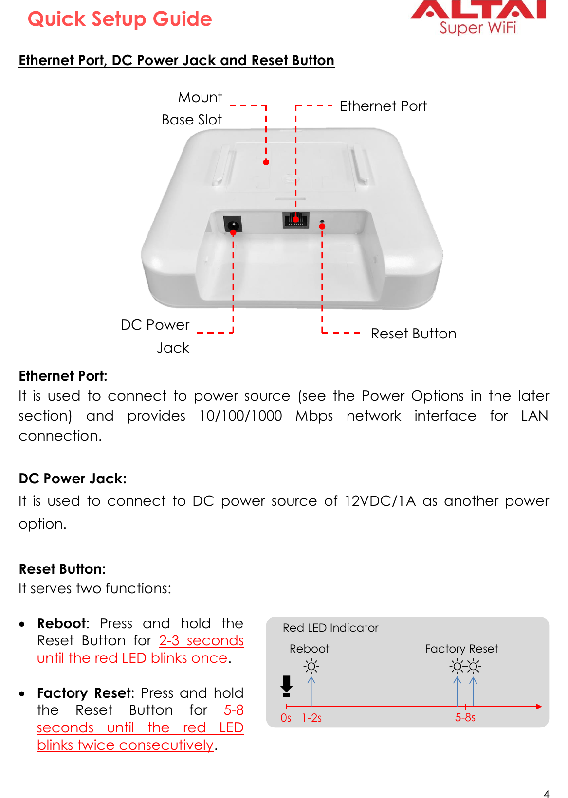   4   Altai Technologies Ltd. All rights reserved  Quick Setup Guide Ethernet Port, DC Power Jack and Reset Button                  Ethernet Port: It  is  used  to  connect  to  power  source  (see  the  Power  Options  in  the  later section)  and  provides  10/100/1000  Mbps  network  interface  for  LAN connection.  DC Power Jack: It  is  used  to  connect  to  DC  power  source  of  12VDC/1A  as  another  power option.  Reset Button:         Ethernet Port Reset Button DC Power Jack Mount Base Slot Red LED Indicator 0s 1-2s 5-8s Factory Reset Reboot It serves two functions:   Reboot:  Press  and  hold  the Reset  Button  for  2-3  seconds until the red LED blinks once.   Factory  Reset:  Press  and  hold the  Reset  Button  for  5-8 seconds  until  the  red  LED blinks twice consecutively. 