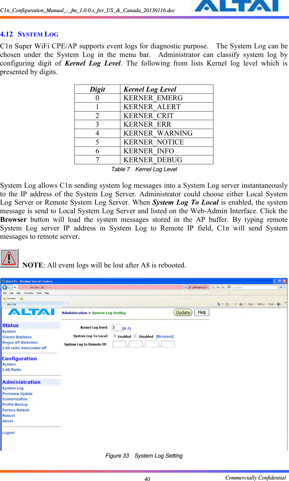 C1n_Configuration_Manual_-_fm_1.0.0.x_for_US_&amp;_Canada_20130116.doc                                                       Commercially Confidential 40  4.12 SYSTEM LOG C1n Super WiFi CPE/AP supports event logs for diagnostic purpose.  The System Log can be chosen  under  the  System  Log  in  the  menu  bar.    Administrator  can  classify  system  log  by configuring  digit  of  Kernel  Log  Level.  The  following  from  lists  Kernel  log  level  which  is presented by digits.  Digit Kernel Log Level 0 KERNER_EMERG 1 KERNER_ALERT 2 KERNER_CRIT 3 KERNER_ERR 4 KERNER_WARNING 5 KERNER_NOTICE 6 KERNER_INFO 7 KERNER_DEBUG Table 7  Kernel Log Level  System Log allows C1n sending system log messages into a System Log server instantaneously to  the  IP  address  of  the  System  Log  Server.  Administrator  could  choose  either  Local  System Log Server or Remote System Log Server. When System Log To Local is enabled, the system message is send to Local System Log Server and listed on the Web-Admin Interface. Click the Browser  button  will  load  the  system  messages  stored  in  the  AP  buffer.  By  typing  remote System  Log  server  IP  address  in  System  Log  to  Remote  IP  field,  C1n  will  send  System messages to remote server.     NOTE: All event logs will be lost after A8 is rebooted.   Figure 33  System Log Setting  