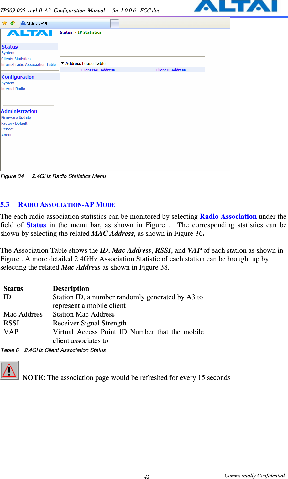 TPS09-005_rev1 0_A3_Configuration_Manual_-_fm_1 0 0 6 _FCC.doc                                                       Commercially Confidential 42 Figure 34      2.4GHz Radio Statistics Menu   5.3 RADIO ASSOCIATION-AP MODE The each radio association statistics can be monitored by selecting Radio Association under the field  of  Status  in  the  menu  bar,  as  shown  in  Figure  .    The  corresponding  statistics  can  be shown by selecting the related MAC Address, as shown in Figure 36.    The Association Table shows the ID, Mac Address, RSSI, and VAP of each station as shown in Figure . A more detailed 2.4GHz Association Statistic of each station can be brought up by selecting the related Mac Address as shown in Figure 38.      Status  Description ID  Station ID, a number randomly generated by A3 to represent a mobile client Mac Address  Station Mac Address RSSI  Receiver Signal Strength VAP  Virtual  Access  Point  ID  Number  that  the  mobile client associates to Table 6    2.4GHz Client Association Status   NOTE: The association page would be refreshed for every 15 seconds  