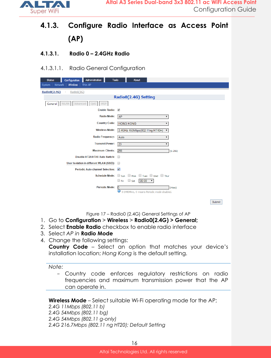  16 Altai A3 Series Dual-band 3x3 802.11 ac WiFi Access Point Configuration Guide Altai Technologies Ltd. All rights reserved  4.1.3. Configure  Radio  Interface  as  Access  Point (AP)  4.1.3.1. Radio 0 – 2.4GHz Radio 4.1.3.1.1. Radio General Configuration   Figure 17 – Radio0 (2.4G) General Settings of AP 1. Go to Configuration &gt; Wireless &gt; Radio0(2.4G) &gt; General; 2. Select Enable Radio checkbox to enable radio interface 3. Select AP in Radio Mode 4. Change the following settings: Country  Code  – Select  an  option  that  matches  your  device’s installation location; Hong Kong is the default setting.  Note: - Country  code  enforces  regulatory  restrictions  on  radio frequencies  and  maximum  transmission  power  that  the  AP can operate in.  Wireless Mode – Select suitable Wi-Fi operating mode for the AP;  2.4G 11Mbps (802.11 b) 2.4G 54Mbps (802.11 bg) 2.4G 54Mbps (802.11 g-only) 2.4G 216.7Mbps (802.11 ng HT20); Default Setting 