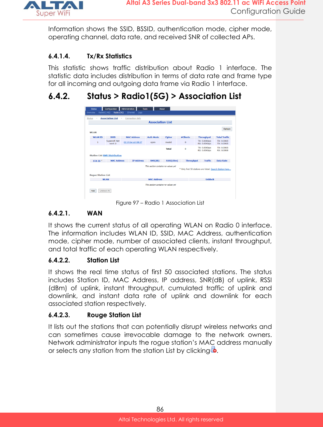  86 Altai A3 Series Dual-band 3x3 802.11 ac WiFi Access Point Configuration Guide Altai Technologies Ltd. All rights reserved  Information shows the SSID, BSSID, authentication mode, cipher mode, operating channel, data rate, and received SNR of collected APs.  6.4.1.4. Tx/Rx Statistics  This  statistic  shows  traffic  distribution  about  Radio  1  interface.  The statistic data includes distribution in terms of data rate and frame type for all incoming and outgoing data frame via Radio 1 interface.  6.4.2. Status &gt; Radio1(5G) &gt; Association List  Figure 97 – Radio 1 Association List 6.4.2.1. WAN It shows the current status of all operating WLAN on Radio 0 interface. The  information includes  WLAN ID,  SSID, MAC  Address,  authentication mode, cipher mode, number of associated clients, instant throughput, and total traffic of each operating WLAN respectively. 6.4.2.2. Station List It  shows  the  real  time  status  of  first  50  associated  stations.  The  status includes  Station  ID,  MAC  Address,  IP  address,  SNR(dB)  of  uplink,  RSSI (dBm)  of  uplink,  instant  throughput,  cumulated  traffic  of  uplink  and downlink,  and  instant  data  rate  of  uplink  and  downlink  for  each associated station respectively. 6.4.2.3. Rouge Station List It lists out the stations that can potentially disrupt wireless networks and can  sometimes  cause  irrevocable  damage  to  the  network  owners. Network administrator inputs the rogue station’s MAC address manually or selects any station from the station List by clicking .   