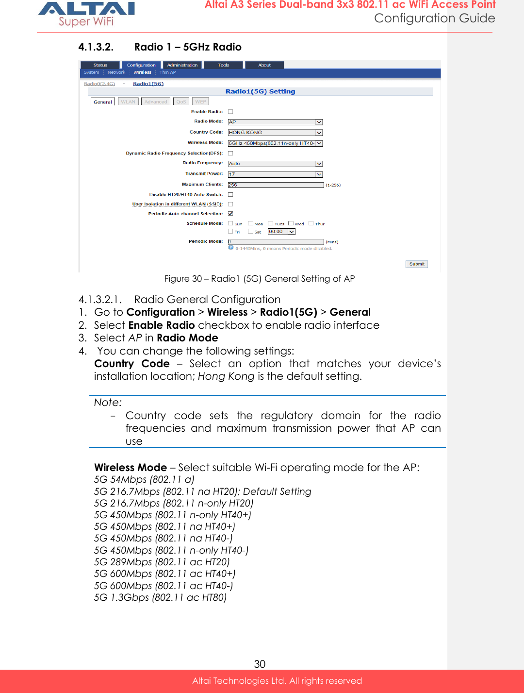  30 Altai A3 Series Dual-band 3x3 802.11 ac WiFi Access Point Configuration Guide Altai Technologies Ltd. All rights reserved  4.1.3.2. Radio 1 – 5GHz Radio  Figure 30 – Radio1 (5G) General Setting of AP 4.1.3.2.1. Radio General Configuration 1. Go to Configuration &gt; Wireless &gt; Radio1(5G) &gt; General  2. Select Enable Radio checkbox to enable radio interface 3. Select AP in Radio Mode 4.  You can change the following settings: Country  Code  – Select  an  option  that  matches  your  device’s installation location; Hong Kong is the default setting.  Note: - Country  code  sets  the  regulatory  domain  for  the  radio frequencies  and  maximum  transmission  power  that  AP  can use  Wireless Mode – Select suitable Wi-Fi operating mode for the AP: 5G 54Mbps (802.11 a) 5G 216.7Mbps (802.11 na HT20); Default Setting 5G 216.7Mbps (802.11 n-only HT20) 5G 450Mbps (802.11 n-only HT40+) 5G 450Mbps (802.11 na HT40+) 5G 450Mbps (802.11 na HT40-) 5G 450Mbps (802.11 n-only HT40-) 5G 289Mbps (802.11 ac HT20) 5G 600Mbps (802.11 ac HT40+) 5G 600Mbps (802.11 ac HT40-) 5G 1.3Gbps (802.11 ac HT80)  