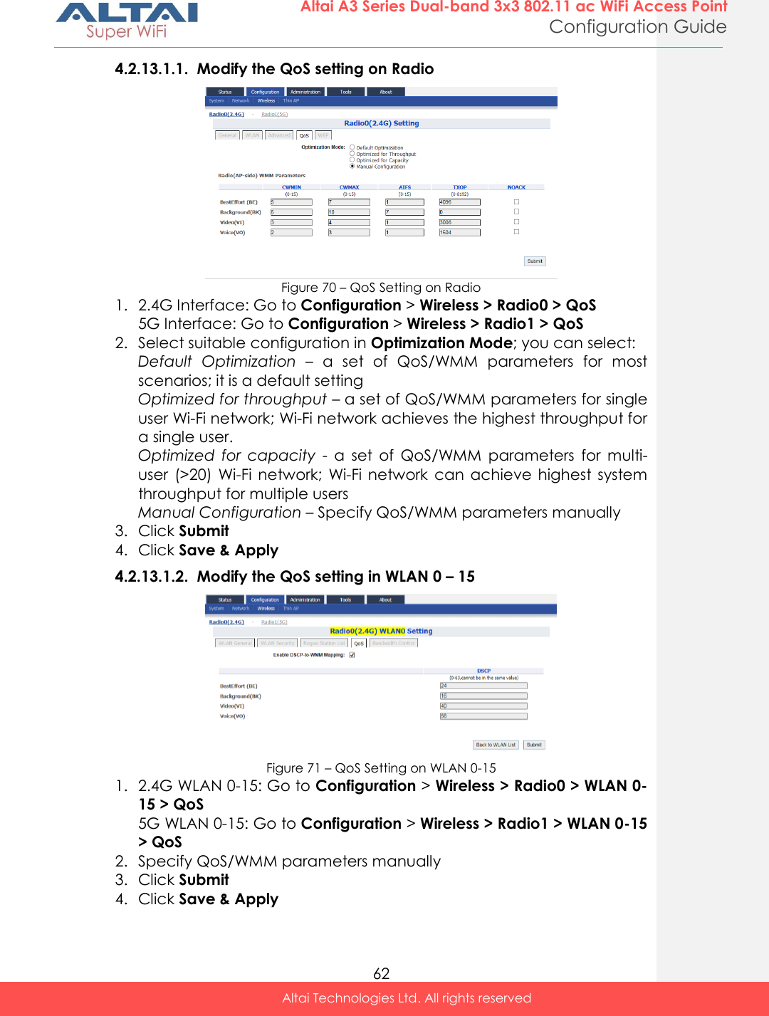  62 Altai A3 Series Dual-band 3x3 802.11 ac WiFi Access Point Configuration Guide Altai Technologies Ltd. All rights reserved  4.2.13.1.1. Modify the QoS setting on Radio  Figure 70 – QoS Setting on Radio 1. 2.4G Interface: Go to Configuration &gt; Wireless &gt; Radio0 &gt; QoS 5G Interface: Go to Configuration &gt; Wireless &gt; Radio1 &gt; QoS 2. Select suitable configuration in Optimization Mode; you can select: Default  Optimization – a  set  of  QoS/WMM  parameters  for  most scenarios; it is a default setting Optimized for throughput – a set of QoS/WMM parameters for single user Wi-Fi network; Wi-Fi network achieves the highest throughput for a single user. Optimized  for  capacity - a  set  of  QoS/WMM  parameters  for  multi-user  (&gt;20)  Wi-Fi  network;  Wi-Fi  network  can  achieve  highest  system throughput for multiple users Manual Configuration – Specify QoS/WMM parameters manually 3. Click Submit 4. Click Save &amp; Apply 4.2.13.1.2. Modify the QoS setting in WLAN 0 – 15  Figure 71 – QoS Setting on WLAN 0-15 1. 2.4G WLAN 0-15: Go to Configuration &gt; Wireless &gt; Radio0 &gt; WLAN 0-15 &gt; QoS 5G WLAN 0-15: Go to Configuration &gt; Wireless &gt; Radio1 &gt; WLAN 0-15 &gt; QoS 2. Specify QoS/WMM parameters manually 3. Click Submit 4. Click Save &amp; Apply 