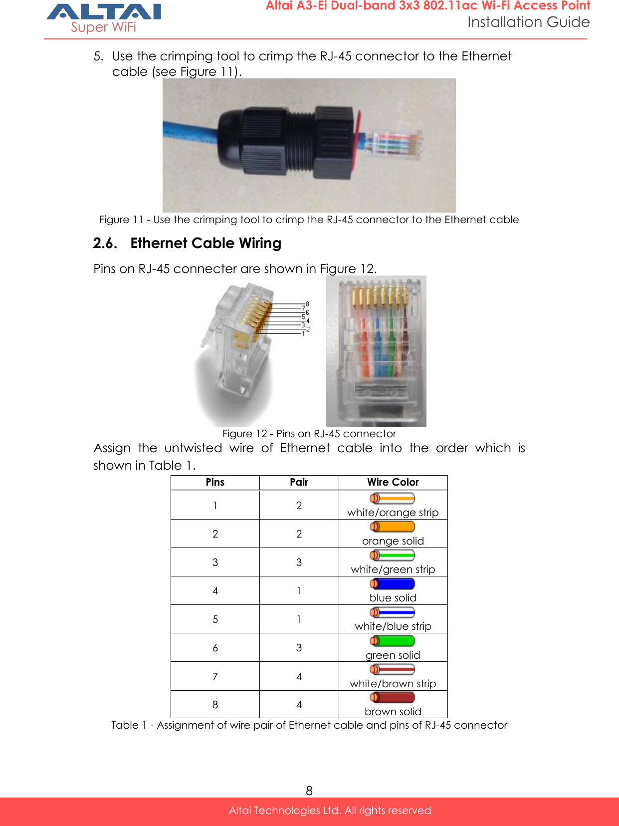  8 Altai Technologies Ltd. All rights reserved  Altai A3-Ei Dual-band 3x3 802.11ac Wi-Fi Access Point Installation Guide 5. Use the crimping tool to crimp the RJ-45 connector to the Ethernet cable (see Figure 11).  Figure 11 - Use the crimping tool to crimp the RJ-45 connector to the Ethernet cable 2.6. Ethernet Cable Wiring Pins on RJ-45 connecter are shown in Figure 12.  Figure 12 - Pins on RJ-45 connector Assign  the  untwisted  wire  of  Ethernet  cable  into  the  order  which  is shown in Table 1. Pins Pair Wire Color 1 2  white/orange strip 2 2  orange solid 3 3  white/green strip 4 1  blue solid 5 1  white/blue strip 6 3  green solid 7 4  white/brown strip 8 4  brown solid Table 1 - Assignment of wire pair of Ethernet cable and pins of RJ-45 connector    