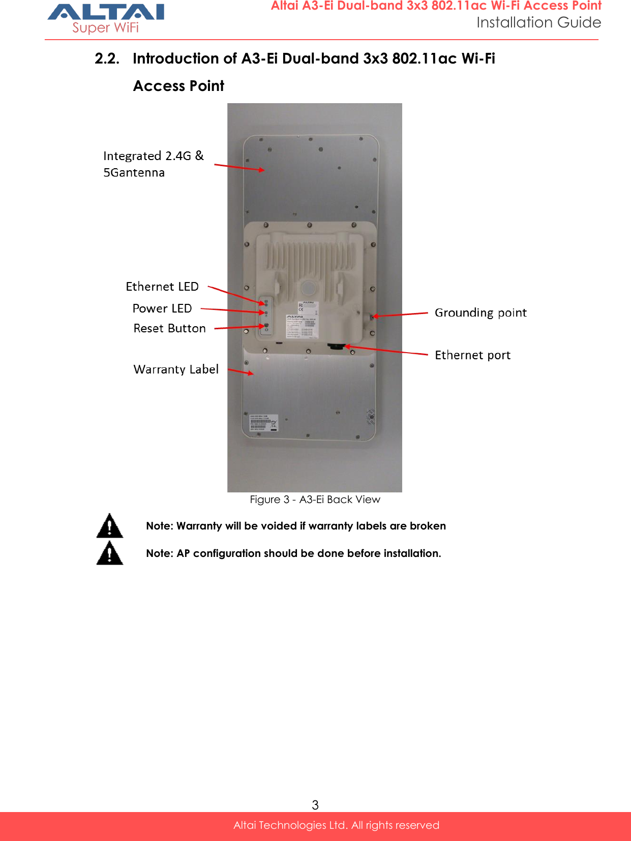  3 Altai Technologies Ltd. All rights reserved  Altai A3-Ei Dual-band 3x3 802.11ac Wi-Fi Access Point Installation Guide 2.2. Introduction of A3-Ei Dual-band 3x3 802.11ac Wi-Fi Access Point  Figure 3 - A3-Ei Back View   Note: Warranty will be voided if warranty labels are broken  Note: AP configuration should be done before installation.     