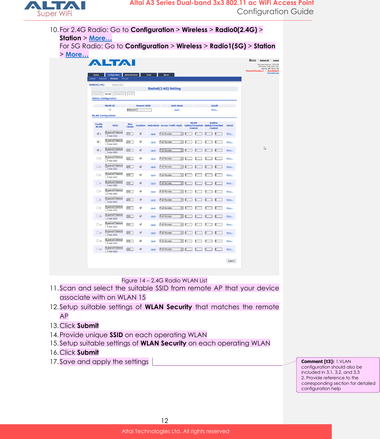  12 Altai A3 Series Dual-band 3x3 802.11 ac WiFi Access Point Configuration Guide Altai Technologies Ltd. All rights reserved  10. For 2.4G Radio: Go to Configuration &gt; Wireless &gt; Radio0(2.4G) &gt; Station &gt; More… For 5G Radio: Go to Configuration &gt; Wireless &gt; Radio1(5G) &gt; Station &gt; More…  Figure 14 – 2.4G Radio WLAN List 11. Scan and select the suitable SSID from remote AP that your device associate with on WLAN 15 12. Setup  suitable  settings  of  WLAN  Security  that matches  the  remote AP 13. Click Submit 14. Provide unique SSID on each operating WLAN 15. Setup suitable settings of WLAN Security on each operating WLAN 16. Click Submit 17. Save and apply the settings     Comment [t3]: 1.VLAN configuration should also be included in 3.1, 3.2, and 3.3 2. Provide reference to the corresponding section for detailed configuration help 