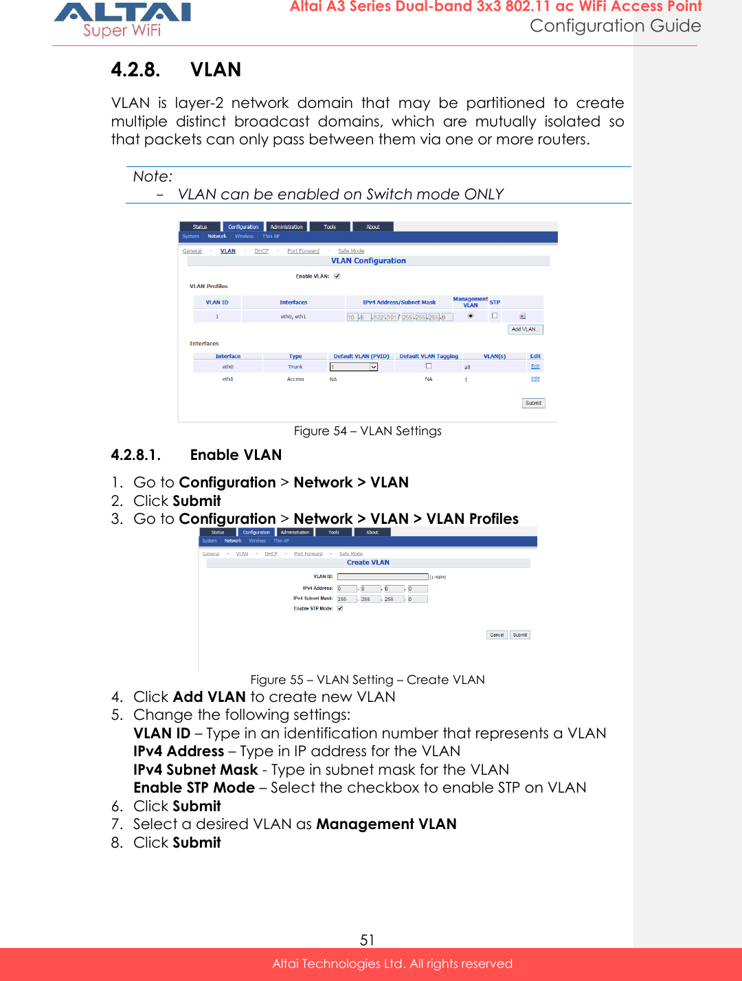  51 Altai A3 Series Dual-band 3x3 802.11 ac WiFi Access Point Configuration Guide Altai Technologies Ltd. All rights reserved  4.2.8. VLAN VLAN  is  layer-2  network  domain  that  may  be  partitioned  to  create multiple  distinct  broadcast  domains,  which  are  mutually  isolated  so that packets can only pass between them via one or more routers.  Note: - VLAN can be enabled on Switch mode ONLY   Figure 54 – VLAN Settings 4.2.8.1. Enable VLAN 1. Go to Configuration &gt; Network &gt; VLAN 2. Click Submit 3. Go to Configuration &gt; Network &gt; VLAN &gt; VLAN Profiles  Figure 55 – VLAN Setting – Create VLAN 4. Click Add VLAN to create new VLAN 5. Change the following settings: VLAN ID – Type in an identification number that represents a VLAN IPv4 Address – Type in IP address for the VLAN IPv4 Subnet Mask - Type in subnet mask for the VLAN Enable STP Mode – Select the checkbox to enable STP on VLAN 6. Click Submit 7. Select a desired VLAN as Management VLAN 8. Click Submit 