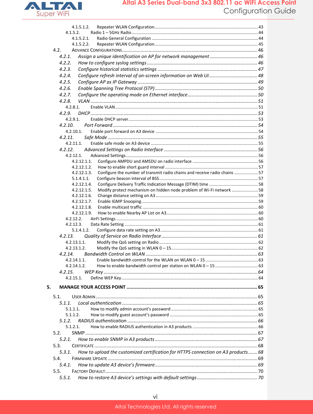  vi Altai Technologies Ltd. All rights reserved  Altai A3 Series Dual-band 3x3 802.11 ac WiFi Access Point Configuration Guide 4.1.5.1.2. Repeater WLAN Configuration ....................................................................................... 43 4.1.5.2. Radio 1 – 5GHz Radio .......................................................................................................... 44 4.1.5.2.1. Radio General Configuration ......................................................................................... 44 4.1.5.2.2. Repeater WLAN Configuration ....................................................................................... 45 4.2. ADVANCE CONFIGURATIONS ....................................................................................................... 46 4.2.1. Assign a unique identification on AP for network management .................................... 46 4.2.2. How to configure syslog settings .................................................................................... 46 4.2.3. Configure historical statistics settings ............................................................................ 47 4.2.4. Configure refresh interval of on-screen information on Web UI ..................................... 48 4.2.5. Configure AP as IP Gateway ........................................................................................... 49 4.2.6. Enable Spanning Tree Protocol (STP) .............................................................................. 50 4.2.7. Configure the operating mode on Ethernet interface ..................................................... 50 4.2.8. VLAN ............................................................................................................................... 51 4.2.8.1. Enable VLAN ........................................................................................................................ 51 4.2.9. DHCP ............................................................................................................................... 53 4.2.9.1. Enable DHCP server ............................................................................................................. 53 4.2.10. Port Forward .............................................................................................................. 54 4.2.10.1. Enable port forward on A3 device ...................................................................................... 54 4.2.11. Safe Mode .................................................................................................................. 55 4.2.11.1. Enable safe mode on A3 device .......................................................................................... 55 4.2.12. Advanced Settings on Radio Interface ....................................................................... 56 4.2.12.1. Advanced Settings ............................................................................................................... 56 4.2.12.1.1. Configure AMPDU and AMSDU on radio interface ....................................................... 56 4.2.12.1.2. How to enable short guard interval .............................................................................. 57 4.2.12.1.3. Configure the number of transmit radio chains and receive radio chains .................... 57 5.1.4.1.1. Configure beacon interval of BSS ................................................................................... 57 4.2.12.1.4. Configure Delivery Traffic Indication Message (DTIM) time ......................................... 58 4.2.12.1.5. Modify protect mechanism on hidden node problem of Wi-Fi network ...................... 58 4.2.12.1.6. Change distance setting on A3 ...................................................................................... 59 4.2.12.1.7. Enable IGMP Snooping .................................................................................................. 59 4.2.12.1.8. Enable multicast traffic ................................................................................................. 60 4.2.12.1.9. How to enable Nearby AP List on A3............................................................................. 60 4.2.12.2. AirFi Settings ....................................................................................................................... 60 4.2.12.3. Data Rate Setting ................................................................................................................ 61 5.1.4.1.2. Configure data rate setting on A3 .................................................................................. 61 4.2.13. Quality of Service on Radio Interface ......................................................................... 61 4.2.13.1.1. Modify the QoS setting on Radio ................................................................................... 62 4.2.13.1.2. Modify the QoS setting in WLAN 0 – 15 ......................................................................... 62 4.2.14. Bandwidth Control on WLAN ..................................................................................... 63 4.2.14.1.1. Enable bandwidth control for the WLAN on WLAN 0 – 15 ............................................ 63 4.2.14.1.2. How to enable bandwidth control per station on WLAN 0 – 15 .................................... 63 4.2.15. WEP Key ..................................................................................................................... 64 4.2.15.1. Define WEP Key ................................................................................................................... 64 5. MANAGE YOUR ACCESS POINT ............................................................................................... 65 5.1. USER ADMIN ........................................................................................................................... 65 5.1.1. Local authentication ....................................................................................................... 65 5.1.1.1. How to modify admin account’s password ......................................................................... 65 5.1.1.2. How to modify guest account’s password .......................................................................... 65 5.1.2. RADIUS authentication ................................................................................................... 66 5.1.2.1. How to enable RADIUS authentication in A3 products ....................................................... 66 5.2. SNMP ................................................................................................................................... 67 5.2.1. How to enable SNMP in A3 products .............................................................................. 67 5.3. CERTIFICATE ............................................................................................................................ 68 5.3.1. How to upload the customized certification for HTTPS connection on A3 products ....... 68 5.4. FIRMWARE UPDATE .................................................................................................................. 69 5.4.1. How to update A3 device’s firmware .............................................................................. 69 5.5. FACTORY DEFAULT .................................................................................................................... 70 5.5.1. How to restore A3 device’s settings with default settings .............................................. 70 