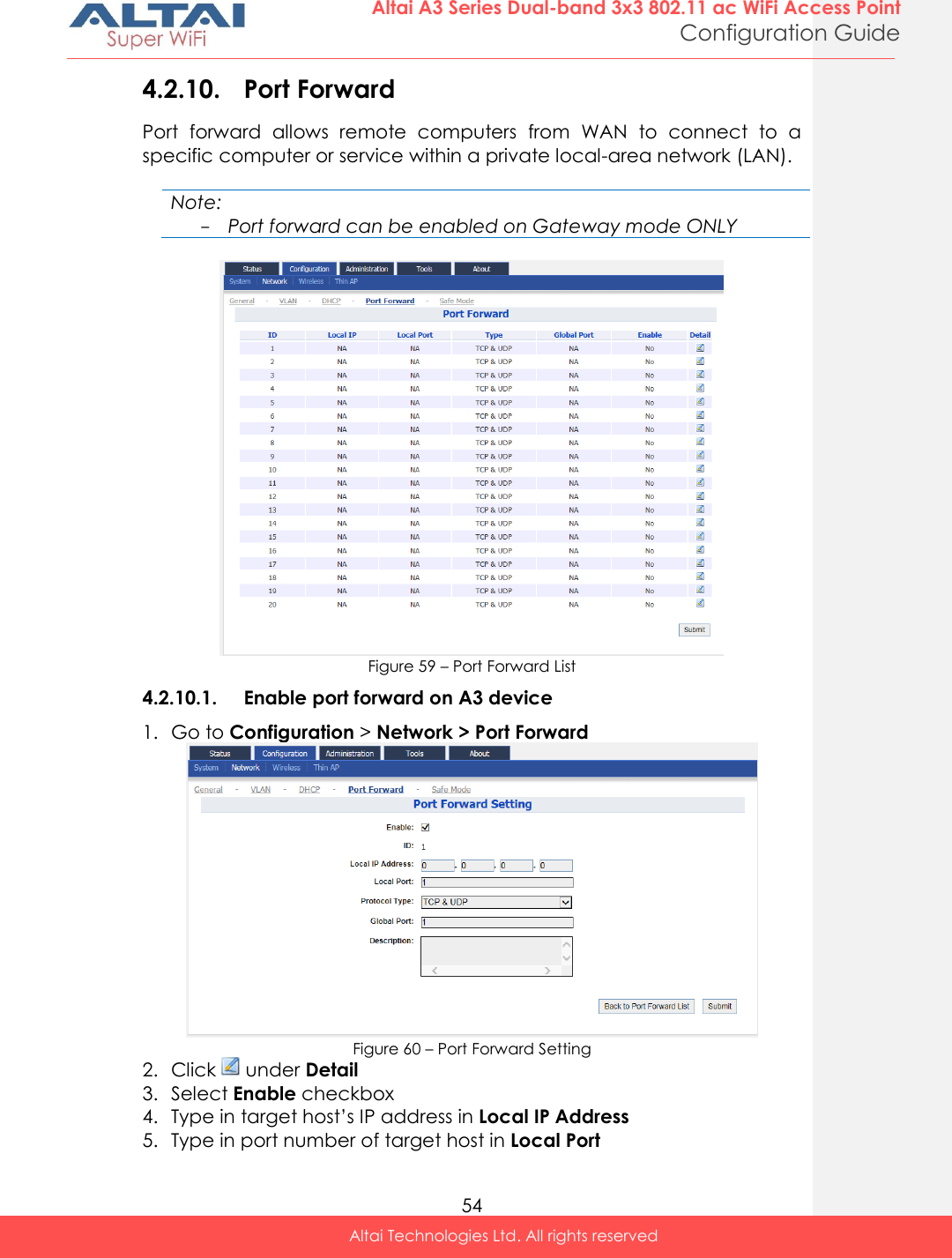  54 Altai A3 Series Dual-band 3x3 802.11 ac WiFi Access Point Configuration Guide Altai Technologies Ltd. All rights reserved  4.2.10. Port Forward Port  forward  allows  remote  computers  from  WAN  to  connect  to  a specific computer or service within a private local-area network (LAN).  Note: - Port forward can be enabled on Gateway mode ONLY   Figure 59 – Port Forward List 4.2.10.1. Enable port forward on A3 device 1. Go to Configuration &gt; Network &gt; Port Forward  Figure 60 – Port Forward Setting 2. Click   under Detail 3. Select Enable checkbox 4. Type in target host’s IP address in Local IP Address 5. Type in port number of target host in Local Port 