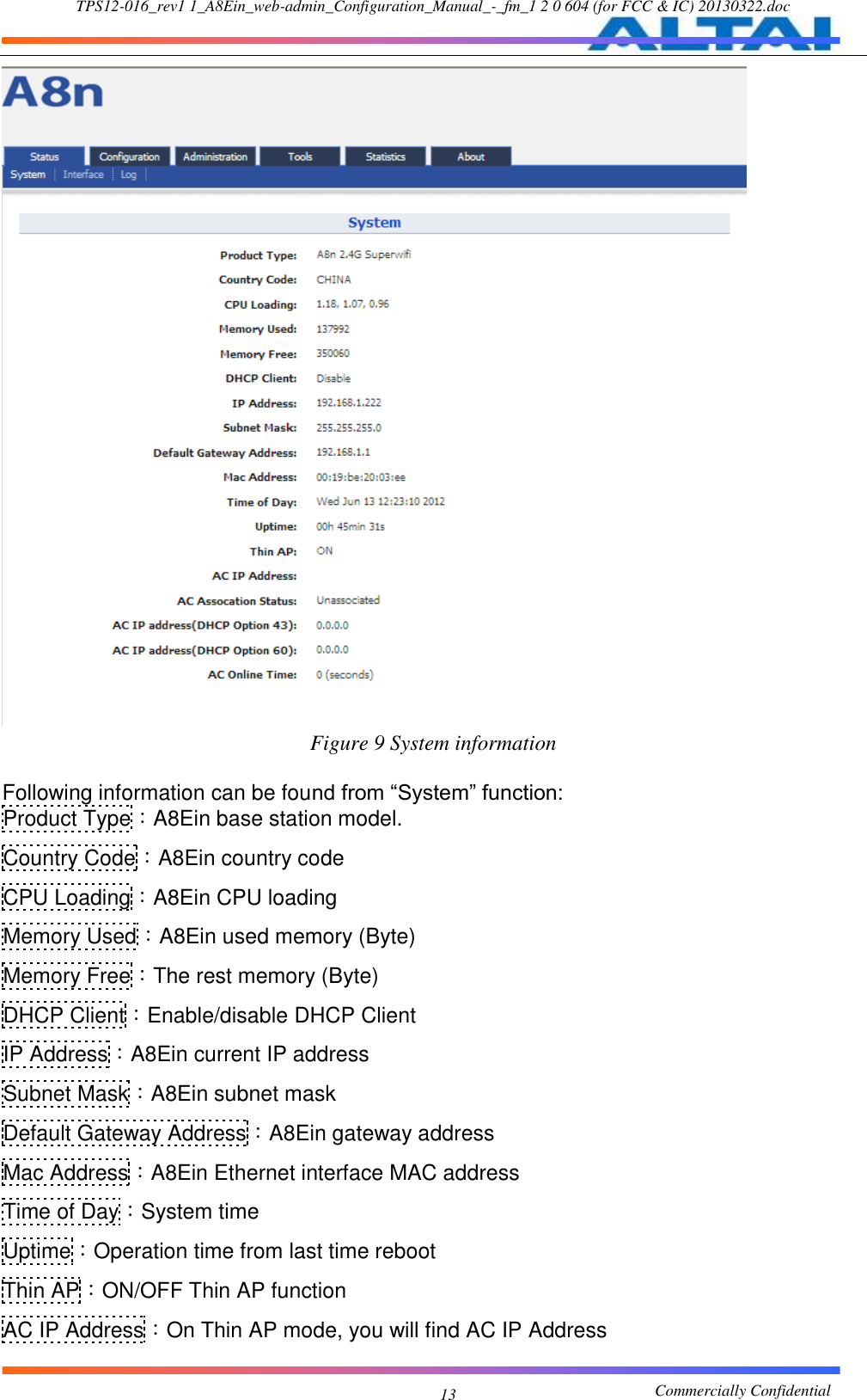 TPS12-016_rev1 1_A8Ein_web-admin_Configuration_Manual_-_fm_1 2 0 604 (for FCC &amp; IC) 20130322.doc                                                       Commercially Confidential 13  Figure 9 System information  Following information can be found from “System” function: Product Type：A8Ein base station model. Country Code：A8Ein country code CPU Loading：A8Ein CPU loading Memory Used：A8Ein used memory (Byte) Memory Free：The rest memory (Byte) DHCP Client：Enable/disable DHCP Client IP Address：A8Ein current IP address Subnet Mask：A8Ein subnet mask Default Gateway Address：A8Ein gateway address Mac Address：A8Ein Ethernet interface MAC address Time of Day：System time Uptime：Operation time from last time reboot Thin AP：ON/OFF Thin AP function AC IP Address：On Thin AP mode, you will find AC IP Address 