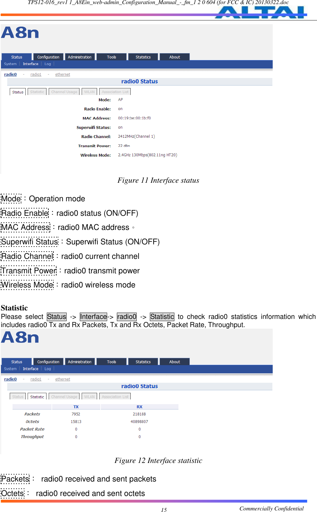 TPS12-016_rev1 1_A8Ein_web-admin_Configuration_Manual_-_fm_1 2 0 604 (for FCC &amp; IC) 20130322.doc                                                       Commercially Confidential 15  Figure 11 Interface status  Mode：Operation mode Radio Enable：radio0 status (ON/OFF) MAC Address：radio0 MAC address。 Superwifi Status：Superwifi Status (ON/OFF) Radio Channel：radio0 current channel Transmit Power：radio0 transmit power Wireless Mode：radio0 wireless mode  Statistic Please  select  Status  -&gt;  Interface-&gt;  radio0  -&gt;  Statistic  to  check  radio0  statistics  information  which includes radio0 Tx and Rx Packets, Tx and Rx Octets, Packet Rate, Throughput.  Figure 12 Interface statistic  Packets：  radio0 received and sent packets Octets：  radio0 received and sent octets 