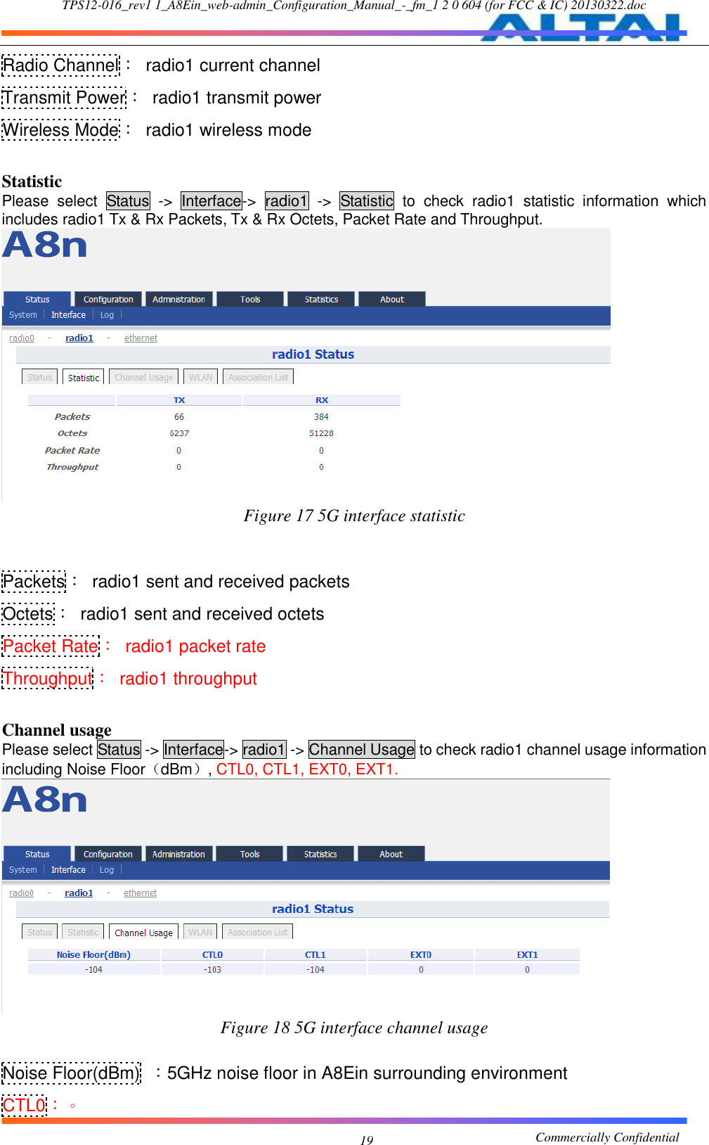 TPS12-016_rev1 1_A8Ein_web-admin_Configuration_Manual_-_fm_1 2 0 604 (for FCC &amp; IC) 20130322.doc                                                       Commercially Confidential 19 Radio Channel：  radio1 current channel Transmit Power：  radio1 transmit power Wireless Mode：  radio1 wireless mode  Statistic Please  select  Status  -&gt;  Interface-&gt;  radio1  -&gt;  Statistic  to  check  radio1  statistic  information  which includes radio1 Tx &amp; Rx Packets, Tx &amp; Rx Octets, Packet Rate and Throughput.  Figure 17 5G interface statistic   Packets：  radio1 sent and received packets Octets：  radio1 sent and received octets Packet Rate：  radio1 packet rate Throughput：  radio1 throughput  Channel usage Please select Status -&gt; Interface-&gt; radio1 -&gt; Channel Usage to check radio1 channel usage information including Noise Floor（dBm）, CTL0, CTL1, EXT0, EXT1.  Figure 18 5G interface channel usage  Noise Floor(dBm)  ：5GHz noise floor in A8Ein surrounding environment CTL0：。 