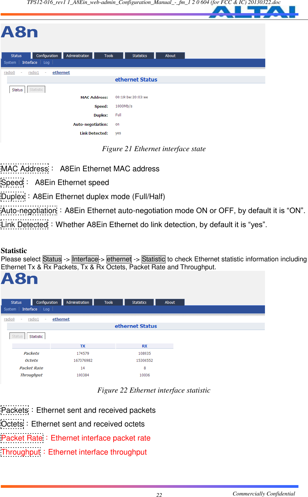 TPS12-016_rev1 1_A8Ein_web-admin_Configuration_Manual_-_fm_1 2 0 604 (for FCC &amp; IC) 20130322.doc                                                       Commercially Confidential 22  Figure 21 Ethernet interface state  MAC Address：  A8Ein Ethernet MAC address Speed：  A8Ein Ethernet speed Duplex：A8Ein Ethernet duplex mode (Full/Half) Auto-negotiation：A8Ein Ethernet auto-negotiation mode ON or OFF, by default it is “ON”. Link Detected：Whether A8Ein Ethernet do link detection, by default it is “yes”.  Statistic Please select Status -&gt; Interface-&gt; ethernet -&gt; Statistic to check Ethernet statistic information including Ethernet Tx &amp; Rx Packets, Tx &amp; Rx Octets, Packet Rate and Throughput.  Figure 22 Ethernet interface statistic  Packets：Ethernet sent and received packets Octets：Ethernet sent and received octets Packet Rate：Ethernet interface packet rate Throughput：Ethernet interface throughput 