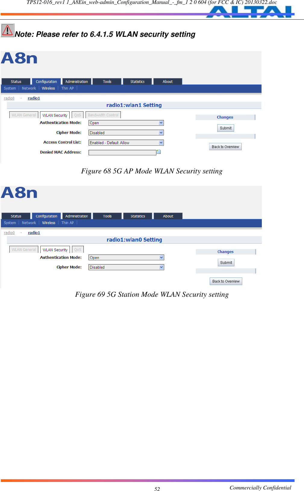 TPS12-016_rev1 1_A8Ein_web-admin_Configuration_Manual_-_fm_1 2 0 604 (for FCC &amp; IC) 20130322.doc                                                       Commercially Confidential 52 Note: Please refer to 6.4.1.5 WLAN security setting   Figure 68 5G AP Mode WLAN Security setting   Figure 69 5G Station Mode WLAN Security setting  