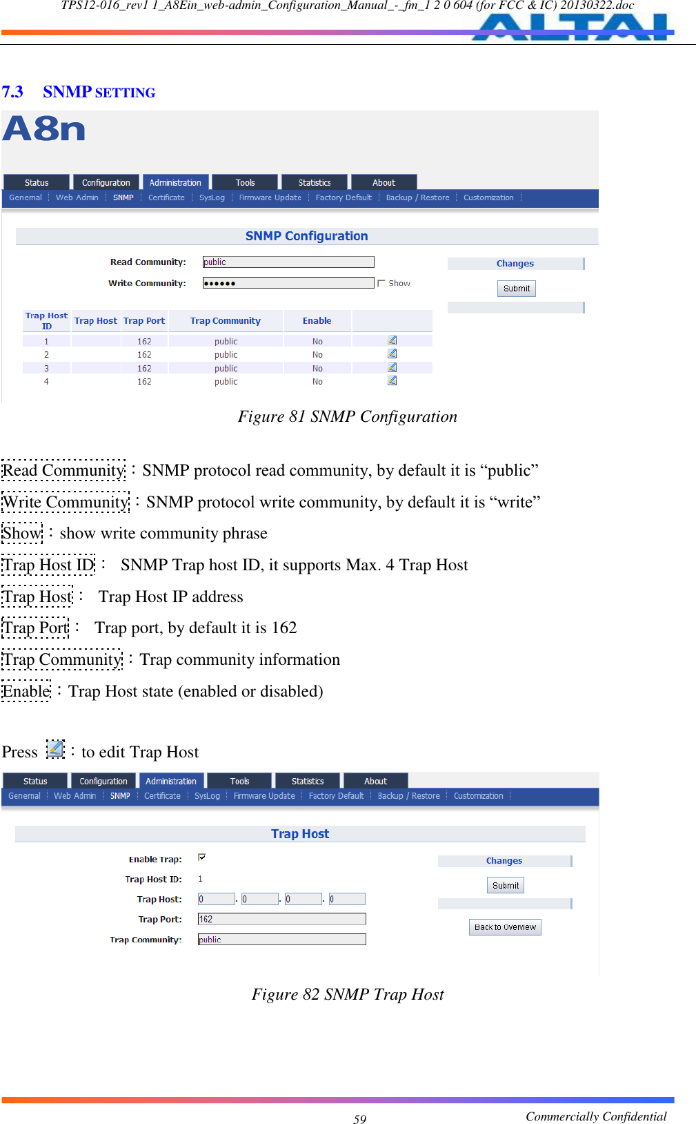 TPS12-016_rev1 1_A8Ein_web-admin_Configuration_Manual_-_fm_1 2 0 604 (for FCC &amp; IC) 20130322.doc                                                       Commercially Confidential 59  7.3 SNMP SETTING  Figure 81 SNMP Configuration  Read Community：SNMP protocol read community, by default it is “public” Write Community：SNMP protocol write community, by default it is “write” Show：show write community phrase Trap Host ID：  SNMP Trap host ID, it supports Max. 4 Trap Host Trap Host：  Trap Host IP address Trap Port：  Trap port, by default it is 162 Trap Community：Trap community information Enable：Trap Host state (enabled or disabled)  Press  ：to edit Trap Host  Figure 82 SNMP Trap Host  