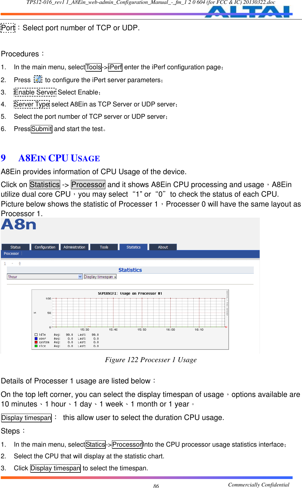 TPS12-016_rev1 1_A8Ein_web-admin_Configuration_Manual_-_fm_1 2 0 604 (for FCC &amp; IC) 20130322.doc                                                       Commercially Confidential 86 Port：Select port number of TCP or UDP.  Procedures： 1.  In the main menu, selectTools-&gt;iPerf enter the iPerf configuration page； 2.  Press    to configure the iPert server parameters； 3.  Enable Server Select Enable； 4.  Server Type select A8Ein as TCP Server or UDP server； 5.  Select the port number of TCP server or UDP server；   6.  PressSubmit and start the test。  9  A8EIN CPU USAGE   A8Ein provides information of CPU Usage of the device. Click on Statistics -&gt; Processor and it shows A8Ein CPU processing and usage，A8Ein utilize dual core CPU，you may select“1” or“0”to check the status of each CPU. Picture below shows the statistic of Processer 1，Processer 0 will have the same layout as Processor 1.  Figure 122 Processer 1 Usage  Details of Processer 1 usage are listed below： On the top left corner, you can select the display timespan of usage，options available are 10 minutes、1 hour、1 day、1 week、1 month or 1 year。 Display timespan：  this allow user to select the duration CPU usage. Steps： 1.  In the main menu, selectStatics-&gt;ProcessorInto the CPU processor usage statistics interface； 2.  Select the CPU that will display at the statistic chart.   3.  Click Display timespan to select the timespan. 