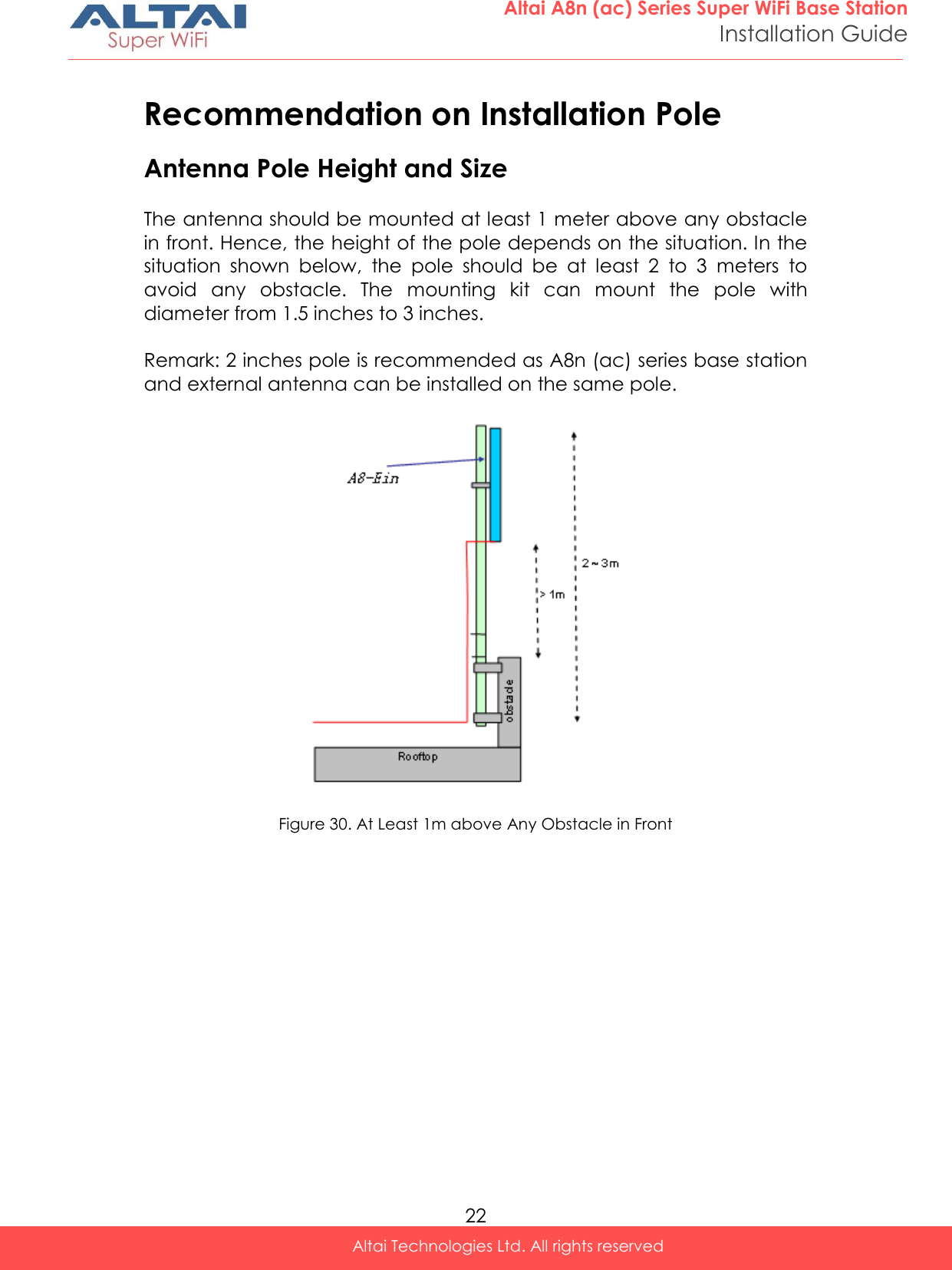  22 Altai A8n (ac) Series Super WiFi Base Station Installation Guide Altai Technologies Ltd. All rights reserved  Recommendation on Installation Pole Antenna Pole Height and Size   The antenna should be mounted at least 1 meter above any obstacle in front. Hence, the height of the pole depends on the situation. In the situation  shown  below,  the  pole  should  be  at  least  2  to  3  meters  to avoid  any  obstacle.  The  mounting  kit  can  mount  the  pole  with diameter from 1.5 inches to 3 inches.   Remark: 2 inches pole is recommended as A8n (ac) series base station and external antenna can be installed on the same pole.   Figure 30. At Least 1m above Any Obstacle in Front  