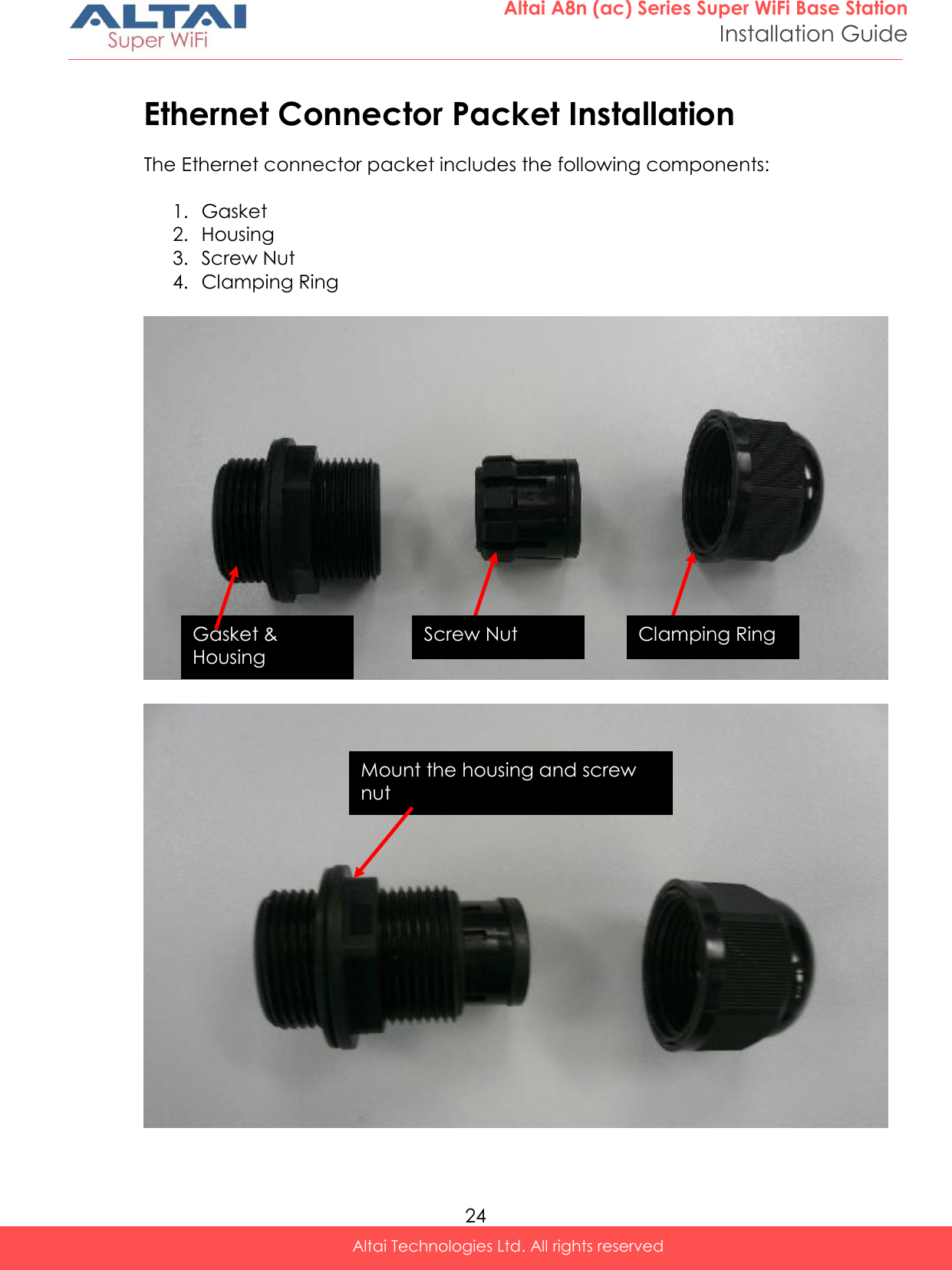  24 Altai A8n (ac) Series Super WiFi Base Station Installation Guide Altai Technologies Ltd. All rights reserved  Ethernet Connector Packet Installation  The Ethernet connector packet includes the following components:  1. Gasket  2. Housing 3. Screw Nut 4. Clamping Ring      Gasket &amp; Housing  Clamping Ring Screw Nut Mount the housing and screw nut 