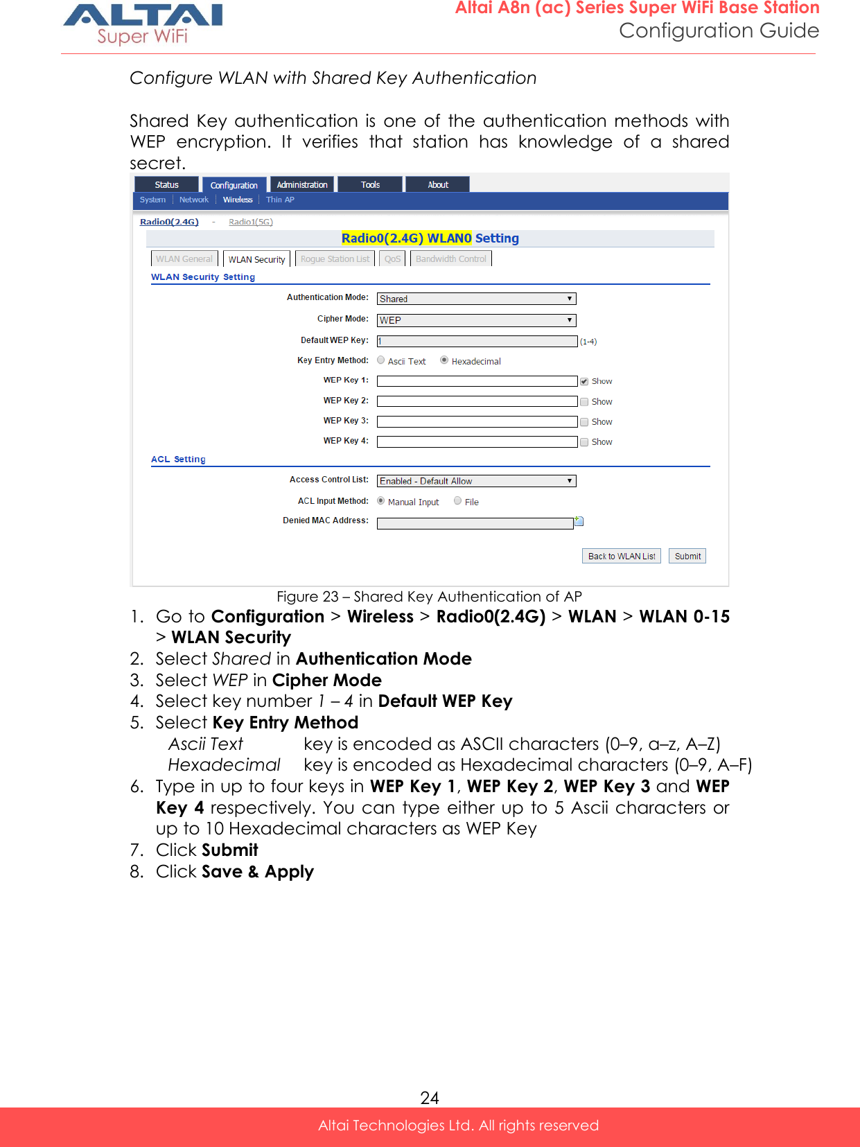  24 Altai A8n (ac) Series Super WiFi Base Station Configuration Guide Altai Technologies Ltd. All rights reserved  Configure WLAN with Shared Key Authentication  Shared  Key  authentication  is  one  of  the  authentication  methods  with WEP  encryption.  It  verifies  that  station  has  knowledge  of  a  shared secret.  Figure 23 – Shared Key Authentication of AP 1. Go to Configuration &gt; Wireless &gt; Radio0(2.4G) &gt; WLAN &gt; WLAN 0-15 &gt; WLAN Security 2. Select Shared in Authentication Mode 3. Select WEP in Cipher Mode 4. Select key number 1 – 4 in Default WEP Key  5. Select Key Entry Method Ascii Text key is encoded as ASCII characters (0–9, a–z, A–Z) Hexadecimal key is encoded as Hexadecimal characters (0–9, A–F) 6. Type in up to four keys in WEP Key 1, WEP Key 2, WEP Key 3 and WEP Key 4  respectively. You can  type either  up  to 5 Ascii characters or up to 10 Hexadecimal characters as WEP Key 7. Click Submit 8. Click Save &amp; Apply    