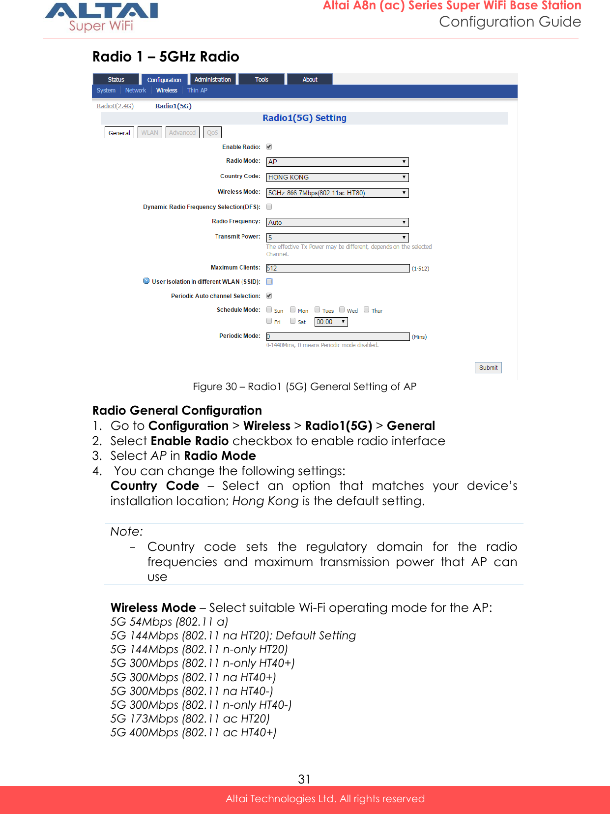  31 Altai A8n (ac) Series Super WiFi Base Station Configuration Guide Altai Technologies Ltd. All rights reserved  Radio 1 – 5GHz Radio  Figure 30 – Radio1 (5G) General Setting of AP Radio General Configuration 1. Go to Configuration &gt; Wireless &gt; Radio1(5G) &gt; General  2. Select Enable Radio checkbox to enable radio interface 3. Select AP in Radio Mode 4.  You can change the following settings: Country  Code  – Select  an  option  that  matches  your  device’s installation location; Hong Kong is the default setting.  Note: - Country  code  sets  the  regulatory  domain  for  the  radio frequencies  and  maximum  transmission  power  that  AP  can use  Wireless Mode – Select suitable Wi-Fi operating mode for the AP: 5G 54Mbps (802.11 a) 5G 144Mbps (802.11 na HT20); Default Setting 5G 144Mbps (802.11 n-only HT20) 5G 300Mbps (802.11 n-only HT40+) 5G 300Mbps (802.11 na HT40+) 5G 300Mbps (802.11 na HT40-) 5G 300Mbps (802.11 n-only HT40-) 5G 173Mbps (802.11 ac HT20) 5G 400Mbps (802.11 ac HT40+) 