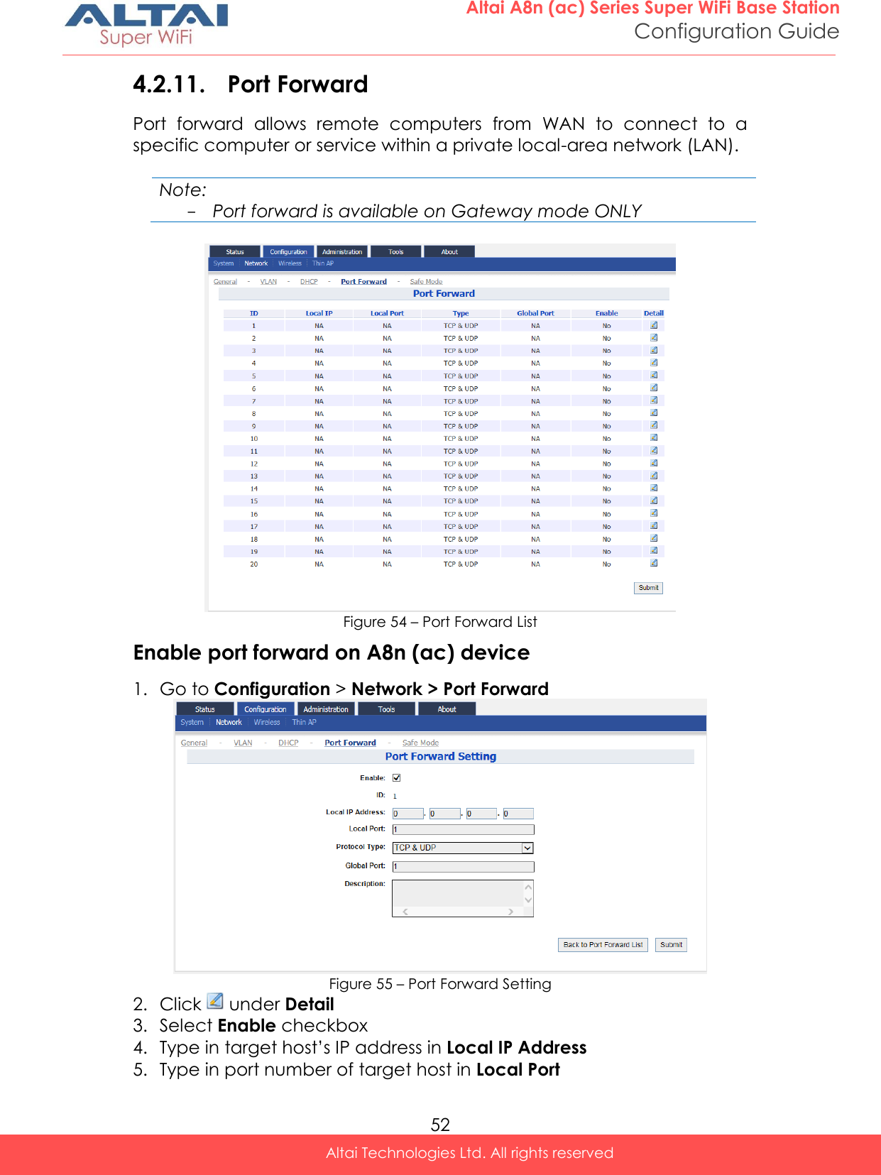  52 Altai A8n (ac) Series Super WiFi Base Station Configuration Guide Altai Technologies Ltd. All rights reserved  4.2.11. Port Forward Port  forward  allows  remote  computers  from  WAN  to  connect  to  a specific computer or service within a private local-area network (LAN).  Note: - Port forward is available on Gateway mode ONLY   Figure 54 – Port Forward List Enable port forward on A8n (ac) device 1. Go to Configuration &gt; Network &gt; Port Forward  Figure 55 – Port Forward Setting 2. Click   under Detail 3. Select Enable checkbox 4. Type in target host’s IP address in Local IP Address 5. Type in port number of target host in Local Port 