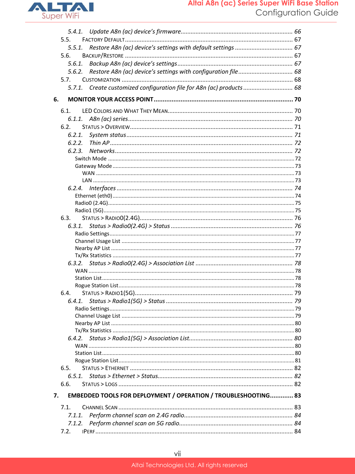  vii Altai Technologies Ltd. All rights reserved  Altai A8n (ac) Series Super WiFi Base Station Configuration Guide 5.4.1. Update A8n (ac) device’s firmware .................................................................... 66 5.5. FACTORY DEFAULT ...................................................................................................... 67 5.5.1. Restore A8n (ac) device’s settings with default settings ................................... 67 5.6. BACKUP/RESTORE ...................................................................................................... 67 5.6.1. Backup A8n (ac) device’s settings ...................................................................... 67 5.6.2. Restore A8n (ac) device’s settings with configuration file ................................. 68 5.7. CUSTOMIZATION ........................................................................................................ 68 5.7.1. Create customized configuration file for A8n (ac) products .............................. 68 6. MONITOR YOUR ACCESS POINT .............................................................................. 70 6.1. LED COLORS AND WHAT THEY MEAN............................................................................ 70 6.1.1. A8n (ac) series .................................................................................................... 70 6.2. STATUS &gt; OVERVIEW ................................................................................................... 71 6.2.1. System status ..................................................................................................... 71 6.2.2. Thin AP ............................................................................................................... 72 6.2.3. Networks ............................................................................................................ 72 Switch Mode ............................................................................................................................ 72 Gateway Mode ......................................................................................................................... 73 WAN .................................................................................................................................... 73 LAN ...................................................................................................................................... 73 6.2.4. Interfaces ........................................................................................................... 74 Ethernet (eth0) ......................................................................................................................... 74 Radio0 (2.4G) ............................................................................................................................ 75 Radio1 (5G) ............................................................................................................................... 75 6.3. STATUS &gt; RADIO0(2.4G) ............................................................................................. 76 6.3.1. Status &gt; Radio0(2.4G) &gt; Status .......................................................................... 76 Radio Settings ........................................................................................................................... 77 Channel Usage List ................................................................................................................... 77 Nearby AP List .......................................................................................................................... 77 Tx/Rx Statistics ......................................................................................................................... 77 6.3.2. Status &gt; Radio0(2.4G) &gt; Association List ........................................................... 78 WAN ......................................................................................................................................... 78 Station List ................................................................................................................................ 78 Rogue Station List ..................................................................................................................... 78 6.4. STATUS &gt; RADIO1(5G) ................................................................................................ 79 6.4.1. Status &gt; Radio1(5G) &gt; Status ............................................................................. 79 Radio Settings ........................................................................................................................... 79 Channel Usage List ................................................................................................................... 79 Nearby AP List .......................................................................................................................... 80 Tx/Rx Statistics ......................................................................................................................... 80 6.4.2. Status &gt; Radio1(5G) &gt; Association List............................................................... 80 WAN ......................................................................................................................................... 80 Station List ................................................................................................................................ 80 Rogue Station List ..................................................................................................................... 81 6.5. STATUS &gt; ETHERNET ................................................................................................... 82 6.5.1. Status &gt; Ethernet &gt; Status.................................................................................. 82 6.6. STATUS &gt; LOGS .......................................................................................................... 82 7. EMBEDDED TOOLS FOR DEPLOYMENT / OPERATION / TROUBLESHOOTING ............. 83 7.1. CHANNEL SCAN .......................................................................................................... 83 7.1.1. Perform channel scan on 2.4G radio.................................................................. 84 7.1.2. Perform channel scan on 5G radio ..................................................................... 84 7.2. IPERF ........................................................................................................................ 84 