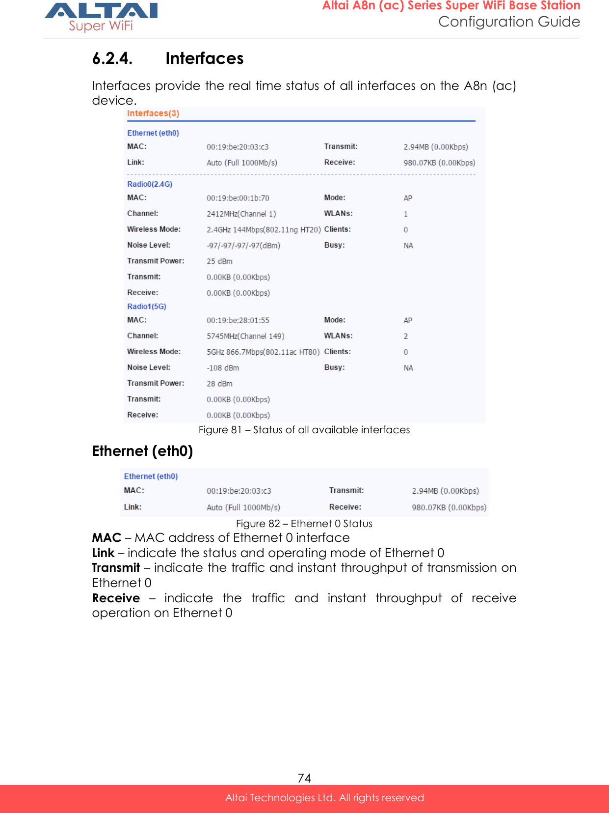  74 Altai A8n (ac) Series Super WiFi Base Station Configuration Guide Altai Technologies Ltd. All rights reserved  6.2.4. Interfaces Interfaces provide the real time status of all interfaces on the A8n (ac) device.  Figure 81 – Status of all available interfaces Ethernet (eth0)  Figure 82 – Ethernet 0 Status MAC – MAC address of Ethernet 0 interface Link – indicate the status and operating mode of Ethernet 0 Transmit – indicate the traffic and instant throughput of transmission on Ethernet 0  Receive –  indicate  the  traffic  and  instant  throughput  of  receive operation on Ethernet 0  