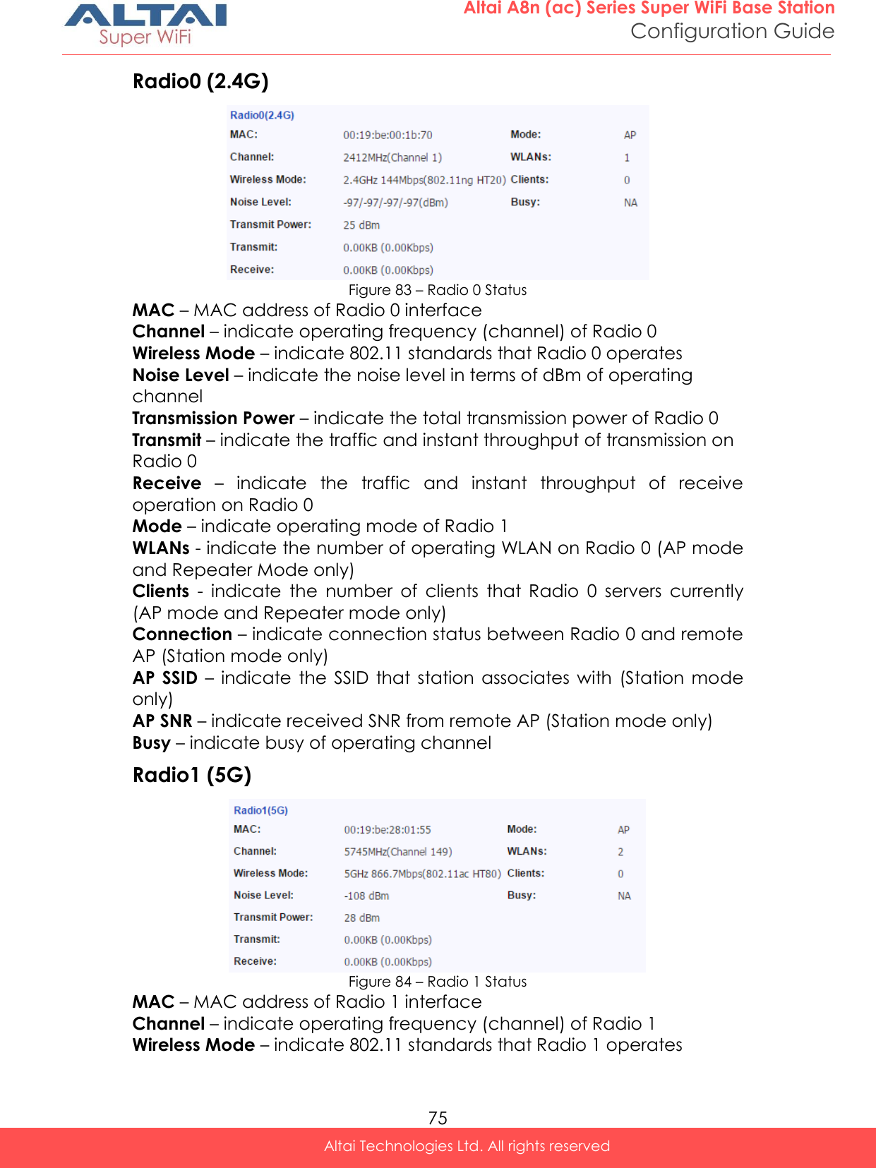  75 Altai A8n (ac) Series Super WiFi Base Station Configuration Guide Altai Technologies Ltd. All rights reserved  Radio0 (2.4G)  Figure 83 – Radio 0 Status MAC – MAC address of Radio 0 interface Channel – indicate operating frequency (channel) of Radio 0 Wireless Mode – indicate 802.11 standards that Radio 0 operates Noise Level – indicate the noise level in terms of dBm of operating channel Transmission Power – indicate the total transmission power of Radio 0 Transmit – indicate the traffic and instant throughput of transmission on Radio 0  Receive –  indicate  the  traffic  and  instant  throughput  of  receive operation on Radio 0 Mode – indicate operating mode of Radio 1 WLANs - indicate the number of operating WLAN on Radio 0 (AP mode and Repeater Mode only) Clients  -  indicate  the  number  of  clients  that  Radio  0  servers  currently (AP mode and Repeater mode only) Connection – indicate connection status between Radio 0 and remote AP (Station mode only) AP SSID –  indicate  the  SSID  that  station  associates  with  (Station  mode only) AP SNR – indicate received SNR from remote AP (Station mode only) Busy – indicate busy of operating channel Radio1 (5G)  Figure 84 – Radio 1 Status MAC – MAC address of Radio 1 interface Channel – indicate operating frequency (channel) of Radio 1 Wireless Mode – indicate 802.11 standards that Radio 1 operates 