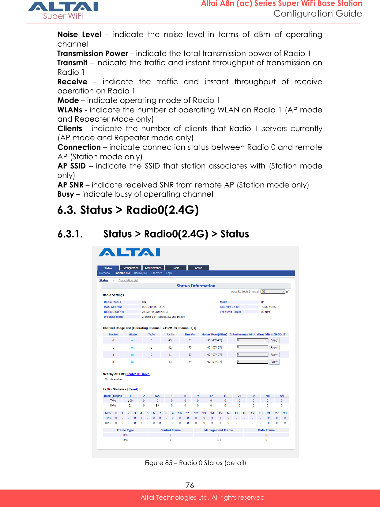  76 Altai A8n (ac) Series Super WiFi Base Station Configuration Guide Altai Technologies Ltd. All rights reserved  Noise  Level –  indicate  the  noise  level  in  terms  of  dBm  of  operating channel Transmission Power – indicate the total transmission power of Radio 1 Transmit – indicate the traffic and instant throughput of transmission on Radio 1  Receive –  indicate  the  traffic  and  instant  throughput  of  receive operation on Radio 1 Mode – indicate operating mode of Radio 1 WLANs - indicate the number of operating WLAN on Radio 1 (AP mode and Repeater Mode only) Clients  -  indicate  the  number  of  clients  that  Radio  1  servers  currently (AP mode and Repeater mode only) Connection – indicate connection status between Radio 0 and remote AP (Station mode only) AP SSID –  indicate  the  SSID  that  station  associates  with  (Station  mode only) AP SNR – indicate received SNR from remote AP (Station mode only) Busy – indicate busy of operating channel 6.3. Status &gt; Radio0(2.4G) 6.3.1. Status &gt; Radio0(2.4G) &gt; Status  Figure 85 – Radio 0 Status (detail) 