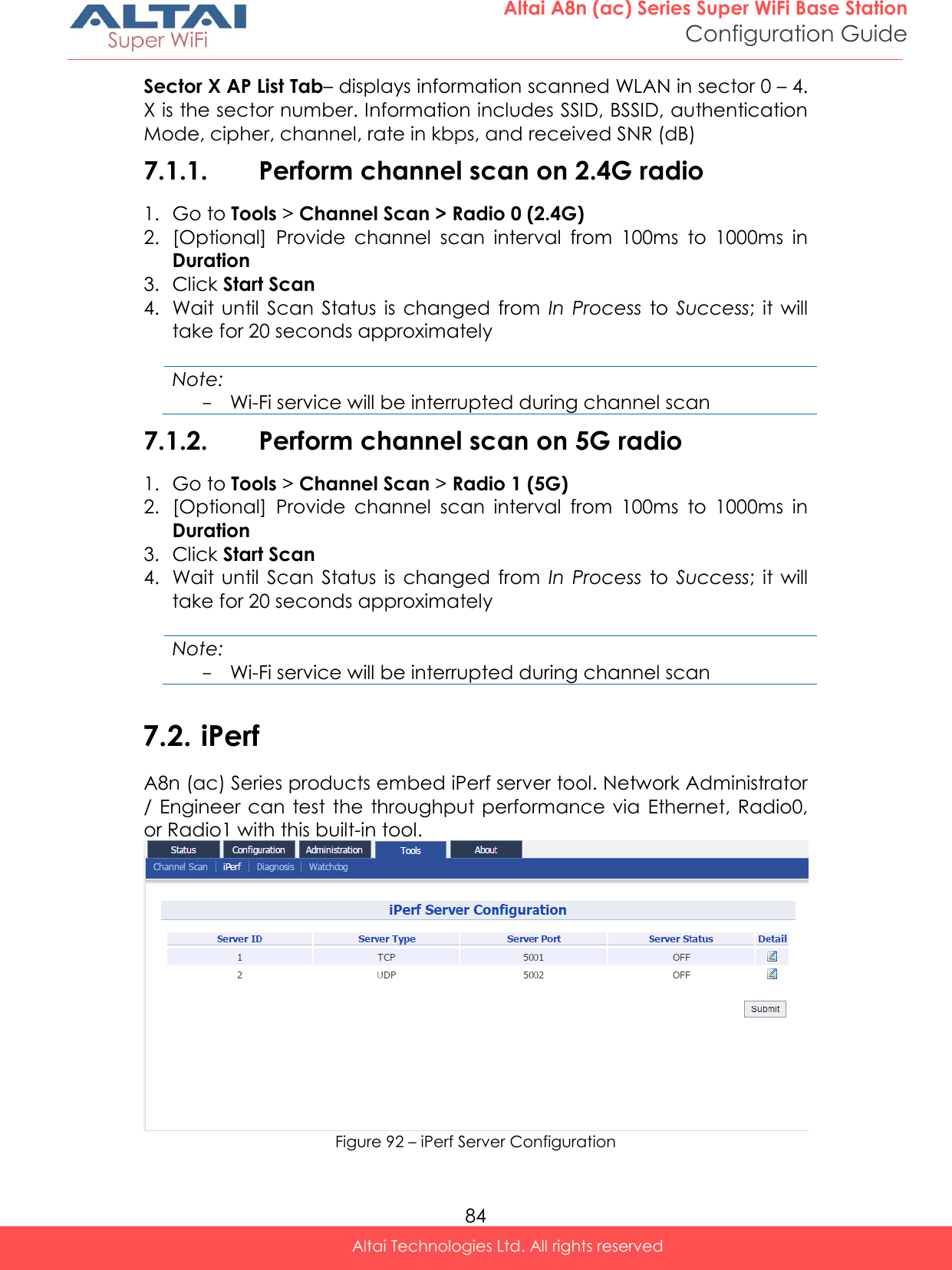  84 Altai A8n (ac) Series Super WiFi Base Station Configuration Guide Altai Technologies Ltd. All rights reserved  Sector X AP List Tab– displays information scanned WLAN in sector 0 – 4. X is the sector number. Information includes SSID, BSSID, authentication Mode, cipher, channel, rate in kbps, and received SNR (dB)  7.1.1. Perform channel scan on 2.4G radio 1. Go to Tools &gt; Channel Scan &gt; Radio 0 (2.4G) 2. [Optional]  Provide  channel  scan  interval  from  100ms  to  1000ms  in Duration 3. Click Start Scan 4. Wait  until  Scan  Status  is  changed from  In  Process  to  Success;  it  will take for 20 seconds approximately   Note: - Wi-Fi service will be interrupted during channel scan 7.1.2. Perform channel scan on 5G radio 1. Go to Tools &gt; Channel Scan &gt; Radio 1 (5G) 2. [Optional]  Provide  channel  scan  interval  from  100ms  to  1000ms  in Duration 3. Click Start Scan 4. Wait  until  Scan  Status  is  changed from  In  Process  to  Success;  it  will take for 20 seconds approximately  Note: - Wi-Fi service will be interrupted during channel scan  7.2. iPerf A8n (ac) Series products embed iPerf server tool. Network Administrator / Engineer  can test  the throughput performance via  Ethernet, Radio0, or Radio1 with this built-in tool.  Figure 92 – iPerf Server Configuration 