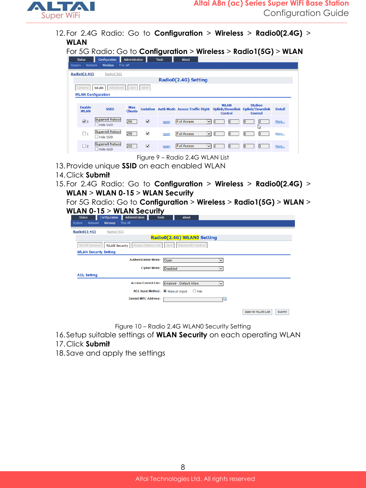  8 Altai A8n (ac) Series Super WiFi Base Station Configuration Guide Altai Technologies Ltd. All rights reserved  12. For  2.4G  Radio:  Go  to  Configuration &gt;  Wireless &gt;  Radio0(2.4G) &gt; WLAN For 5G Radio: Go to Configuration &gt; Wireless &gt; Radio1(5G) &gt; WLAN  Figure 9 – Radio 2.4G WLAN List 13. Provide unique SSID on each enabled WLAN 14. Click Submit 15. For  2.4G  Radio:  Go  to  Configuration &gt;  Wireless &gt;  Radio0(2.4G) &gt; WLAN &gt; WLAN 0-15 &gt; WLAN Security For 5G Radio: Go to Configuration &gt; Wireless &gt; Radio1(5G) &gt; WLAN &gt; WLAN 0-15 &gt; WLAN Security  Figure 10 – Radio 2.4G WLAN0 Security Setting 16. Setup suitable settings of WLAN Security on each operating WLAN 17. Click Submit 18. Save and apply the settings   