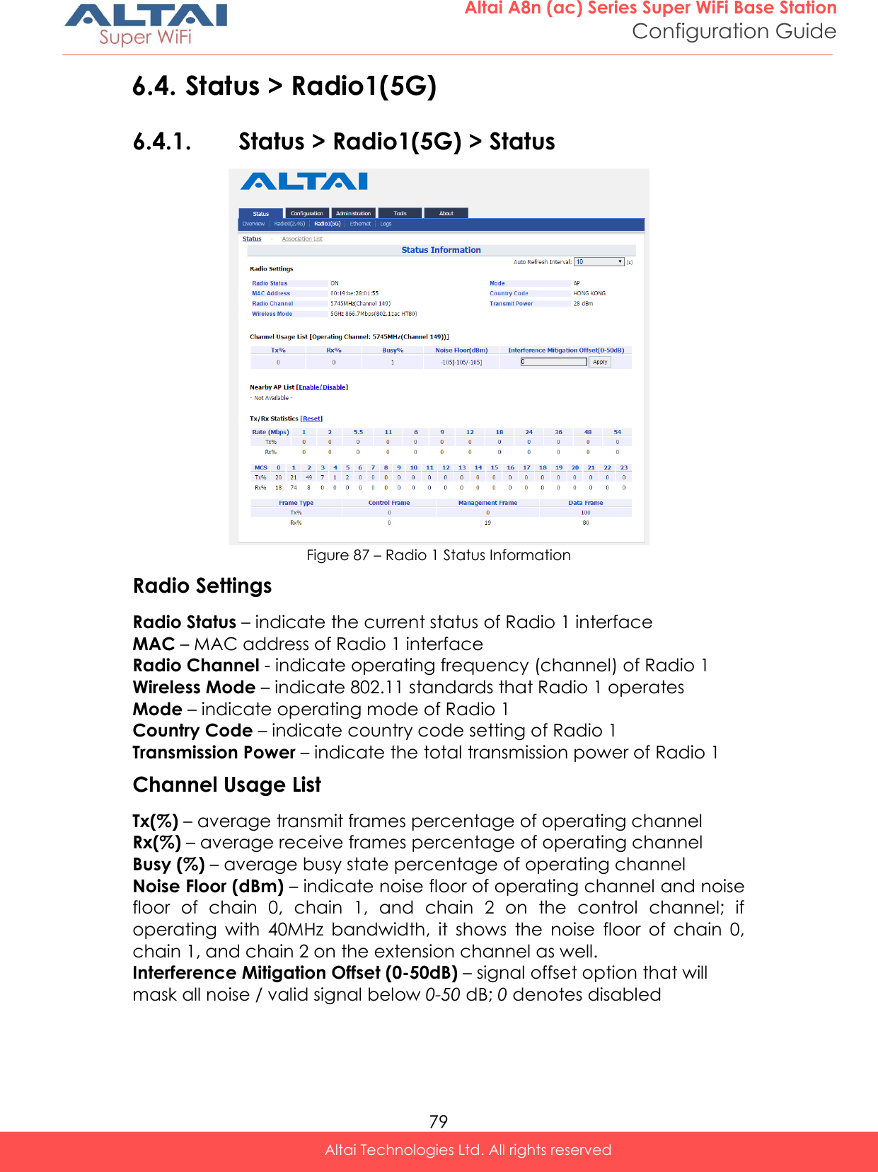  79 Altai A8n (ac) Series Super WiFi Base Station Configuration Guide Altai Technologies Ltd. All rights reserved  6.4. Status &gt; Radio1(5G) 6.4.1. Status &gt; Radio1(5G) &gt; Status  Figure 87 – Radio 1 Status Information Radio Settings Radio Status – indicate the current status of Radio 1 interface MAC – MAC address of Radio 1 interface Radio Channel - indicate operating frequency (channel) of Radio 1 Wireless Mode – indicate 802.11 standards that Radio 1 operates Mode – indicate operating mode of Radio 1 Country Code – indicate country code setting of Radio 1 Transmission Power – indicate the total transmission power of Radio 1 Channel Usage List Tx(%) – average transmit frames percentage of operating channel Rx(%) – average receive frames percentage of operating channel Busy (%) – average busy state percentage of operating channel Noise Floor (dBm) – indicate noise floor of operating channel and noise floor  of  chain  0,  chain  1,  and  chain  2  on  the  control  channel;  if operating  with  40MHz  bandwidth,  it  shows  the  noise  floor  of  chain  0, chain 1, and chain 2 on the extension channel as well. Interference Mitigation Offset (0-50dB) – signal offset option that will mask all noise / valid signal below 0-50 dB; 0 denotes disabled 