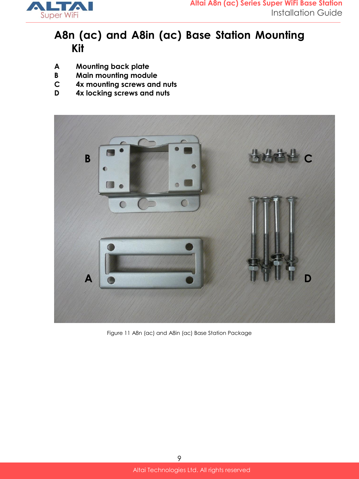  9 Altai A8n (ac) Series Super WiFi Base Station Installation Guide Altai Technologies Ltd. All rights reserved  A8n  (ac)  and  A8in  (ac)  Base  Station  Mounting Kit A  Mounting back plate B  Main mounting module  C  4x mounting screws and nuts D  4x locking screws and nuts     Figure 11 A8n (ac) and A8in (ac) Base Station Package B C D A 