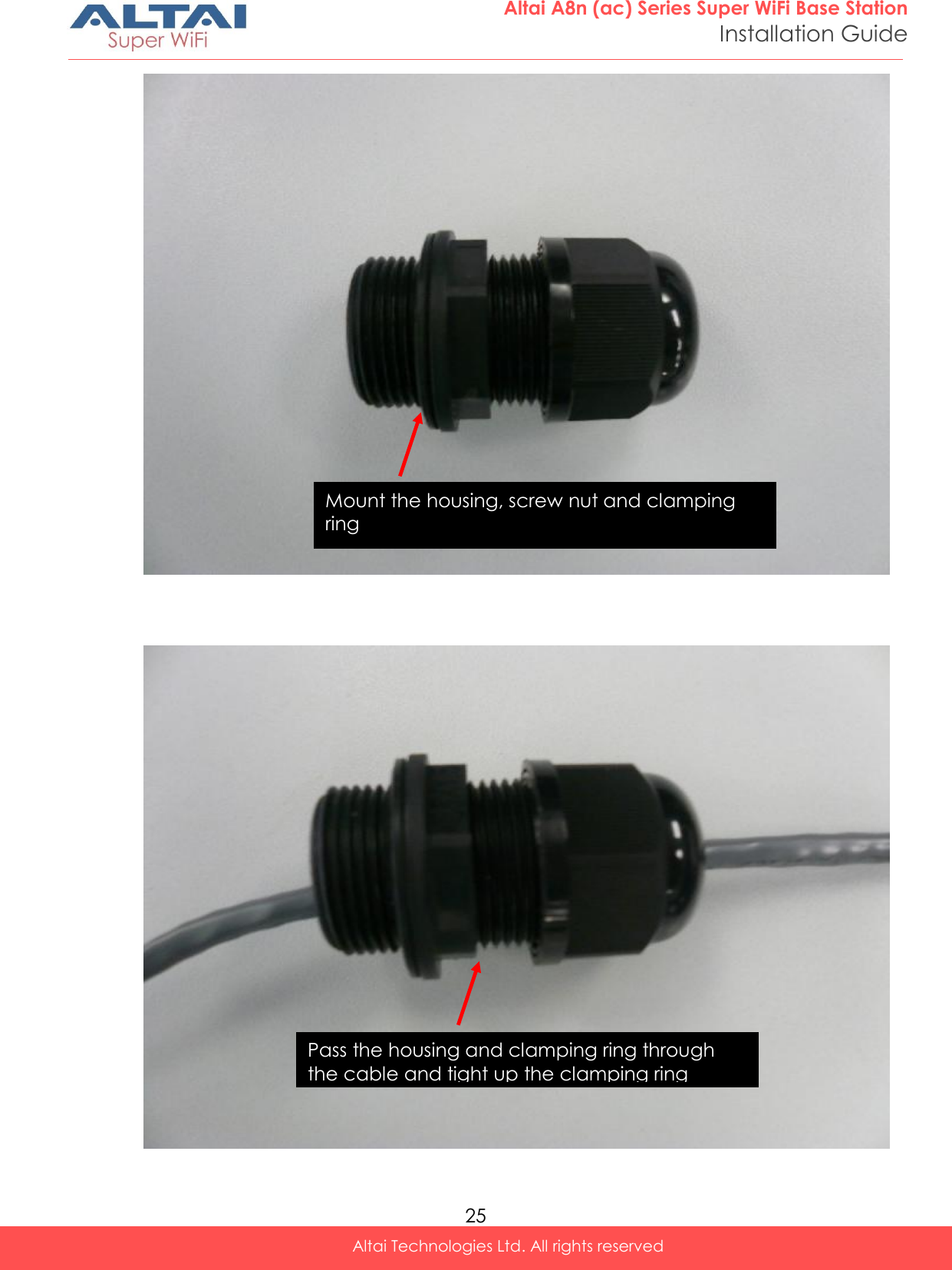  25 Altai A8n (ac) Series Super WiFi Base Station Installation Guide Altai Technologies Ltd. All rights reserved       Mount the housing, screw nut and clamping ring  Pass the housing and clamping ring through the cable and tight up the clamping ring  